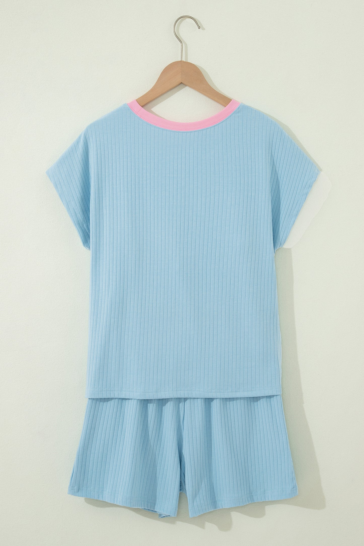 Clearly Aqua Soft Ribbed Color Block Trim Casual Short Set