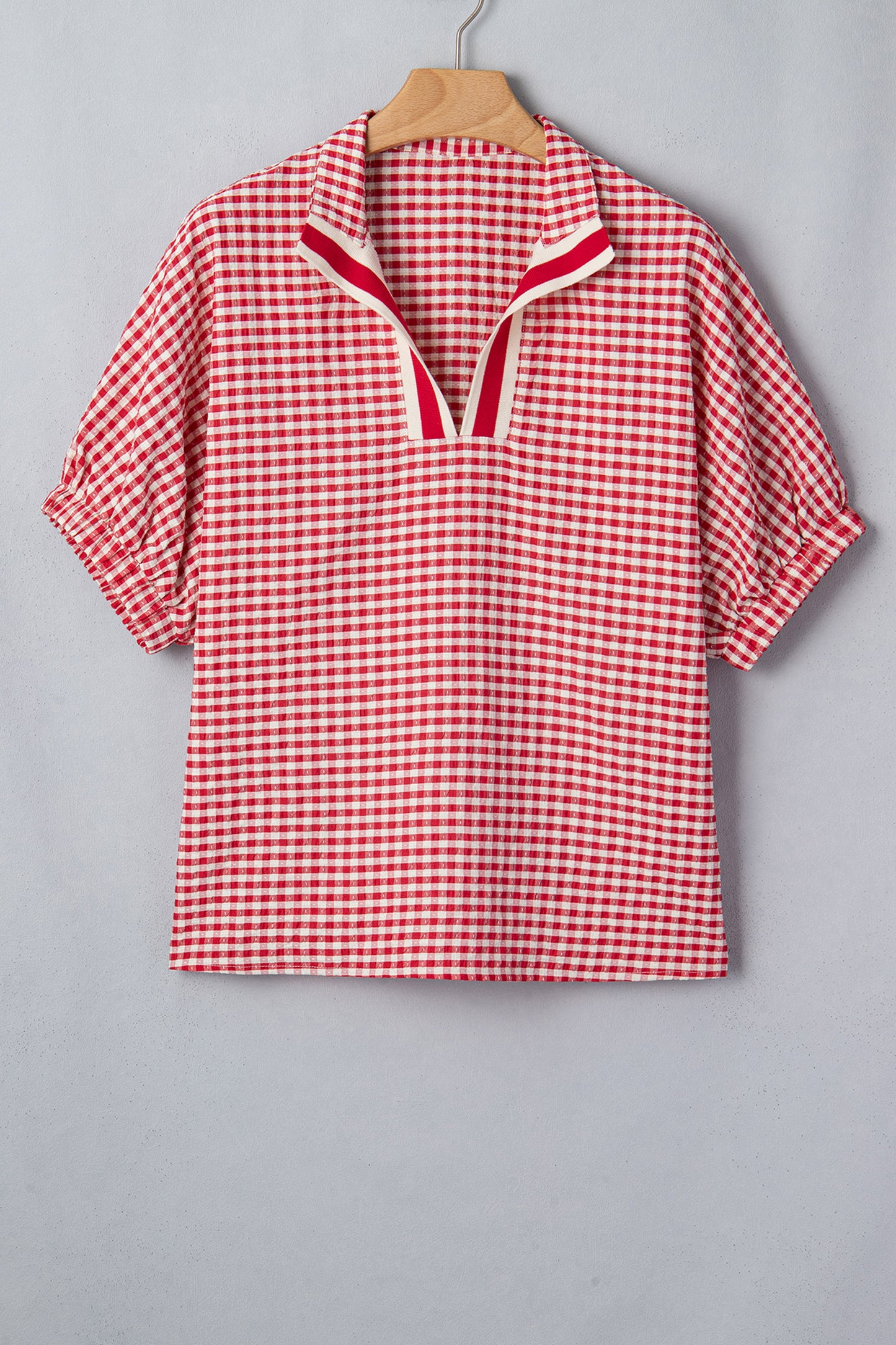 Green Plaid Short Sleeve Colorblock Trim Split Neck Blouse
