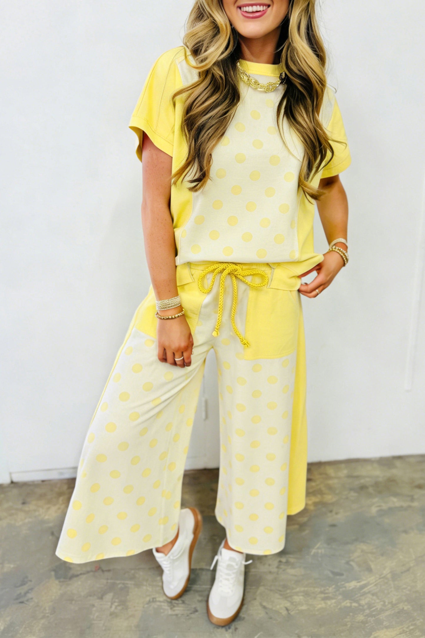 Yellow Color Block Patchwork Polka Dot Wide Leg Pant Set