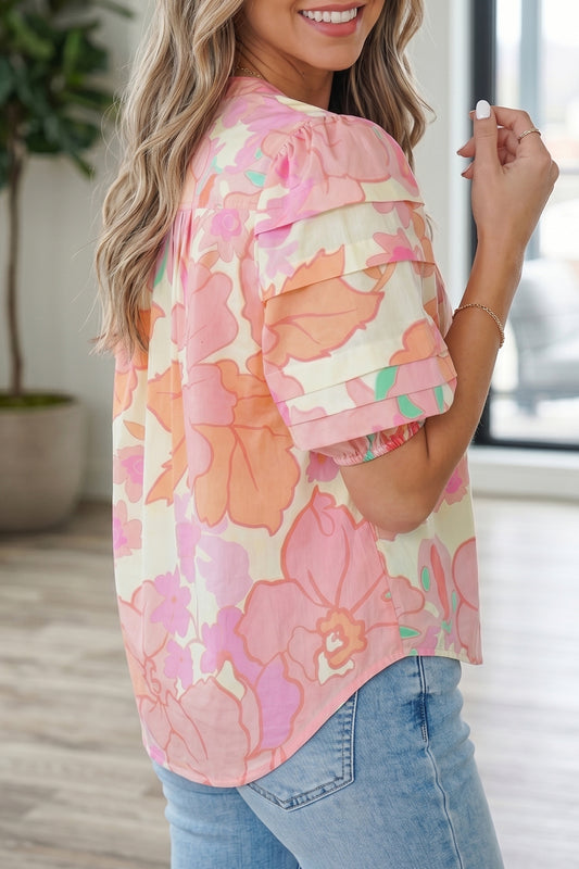Pink Floral Print Button Down Pintuck Short Sleeve Shirt
