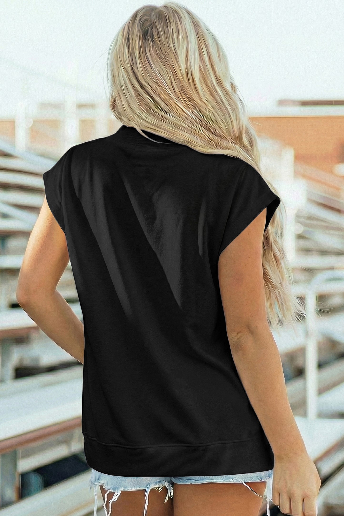 Pink Solid Color High Neck Cap Sleeve Loose Top