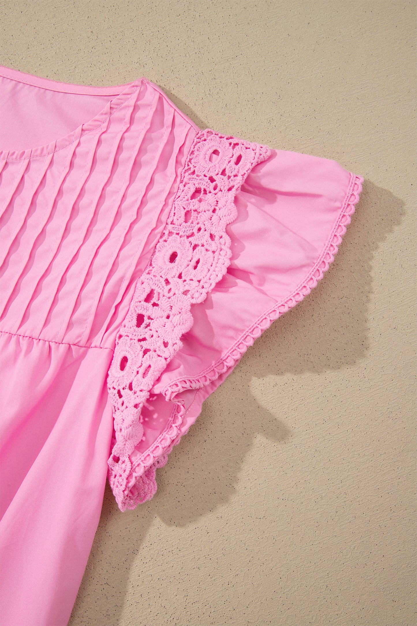 Bonbon Lace Detail Flutter Sleeve Pleated Round Neck Blouse
