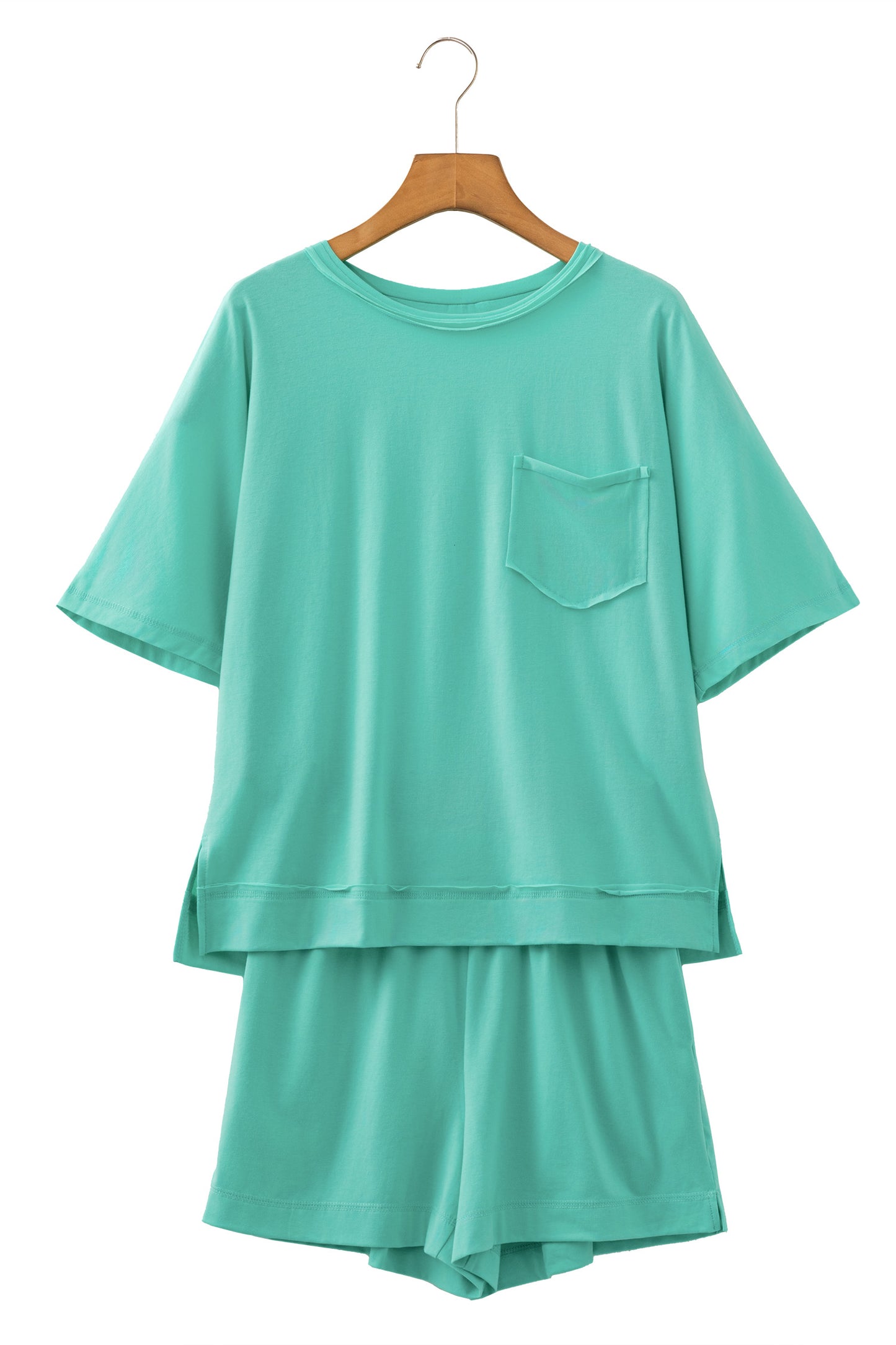 Mint Green Raw Edge Patch Pocket Oversized Top and Shorts Set