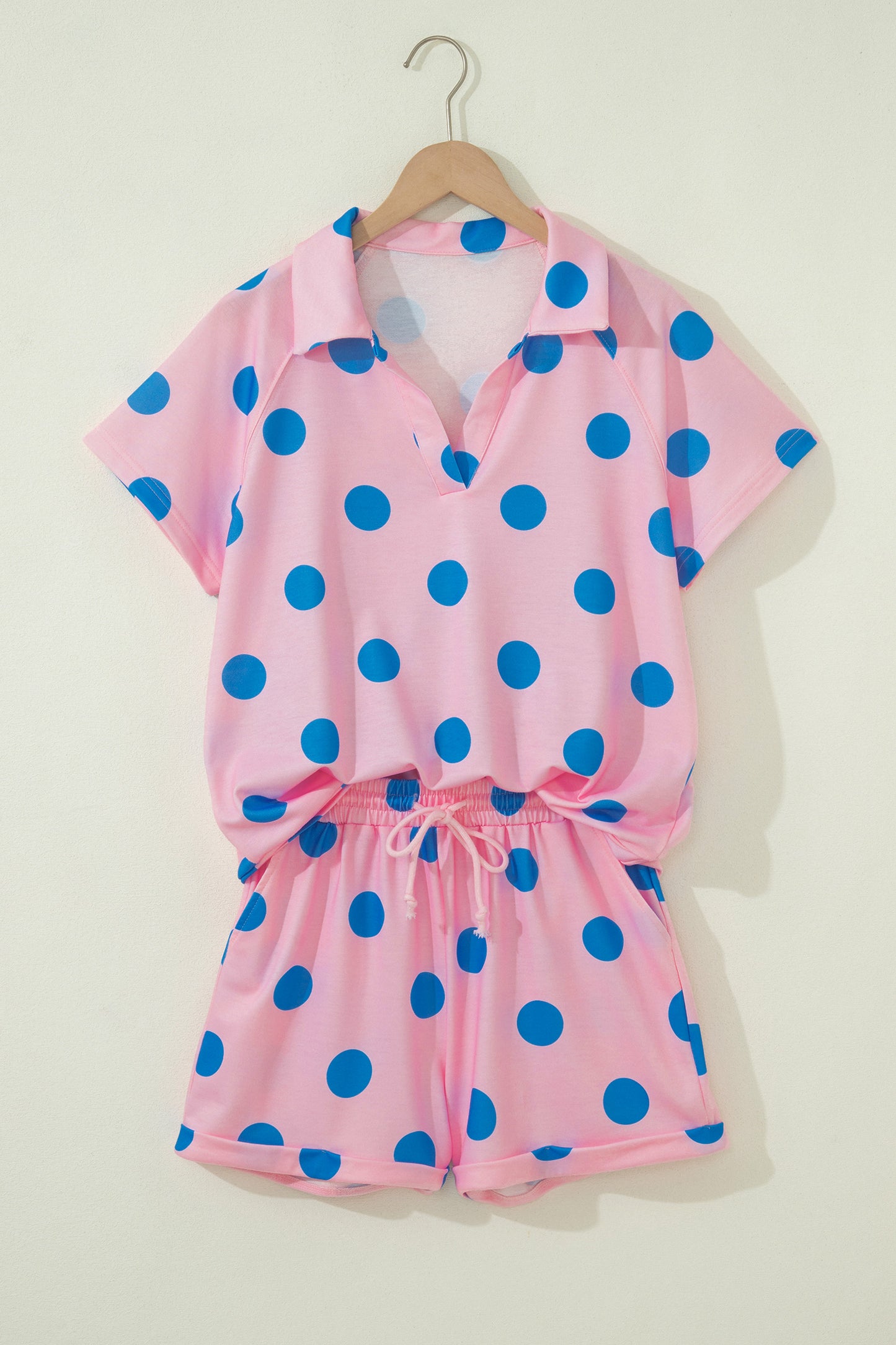 Green Polka Dot Print V Neck Tee Short Set