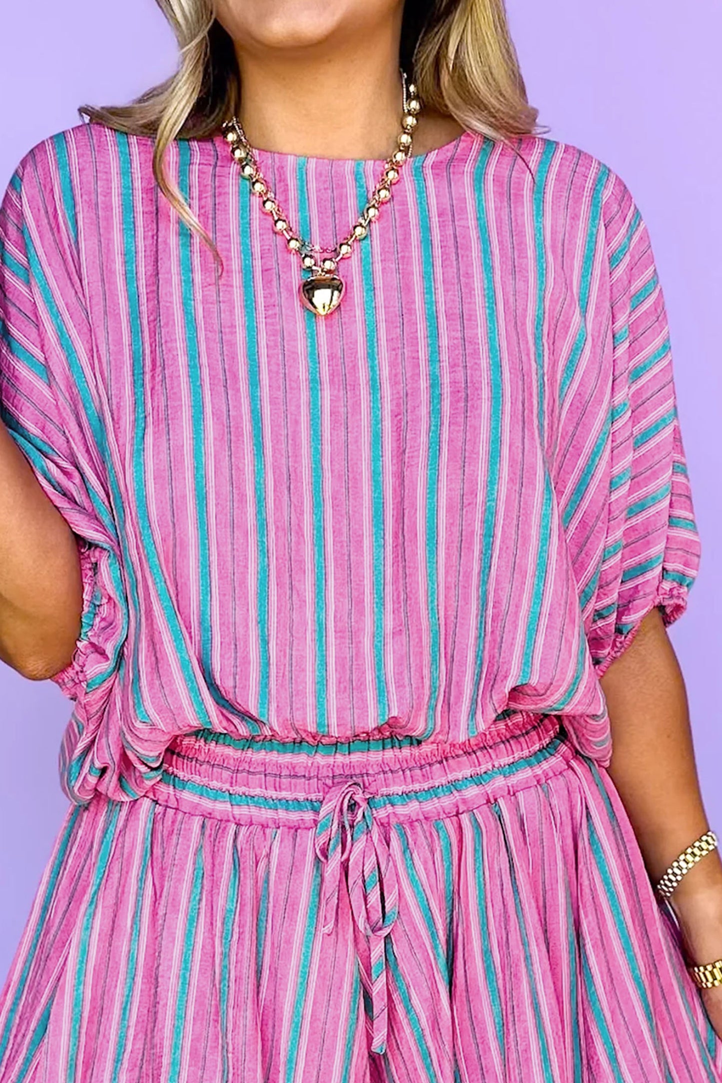 Pink Stripe Dolman Short Sleeve Blouse Drawstring Elastic Waist Loose Short Set