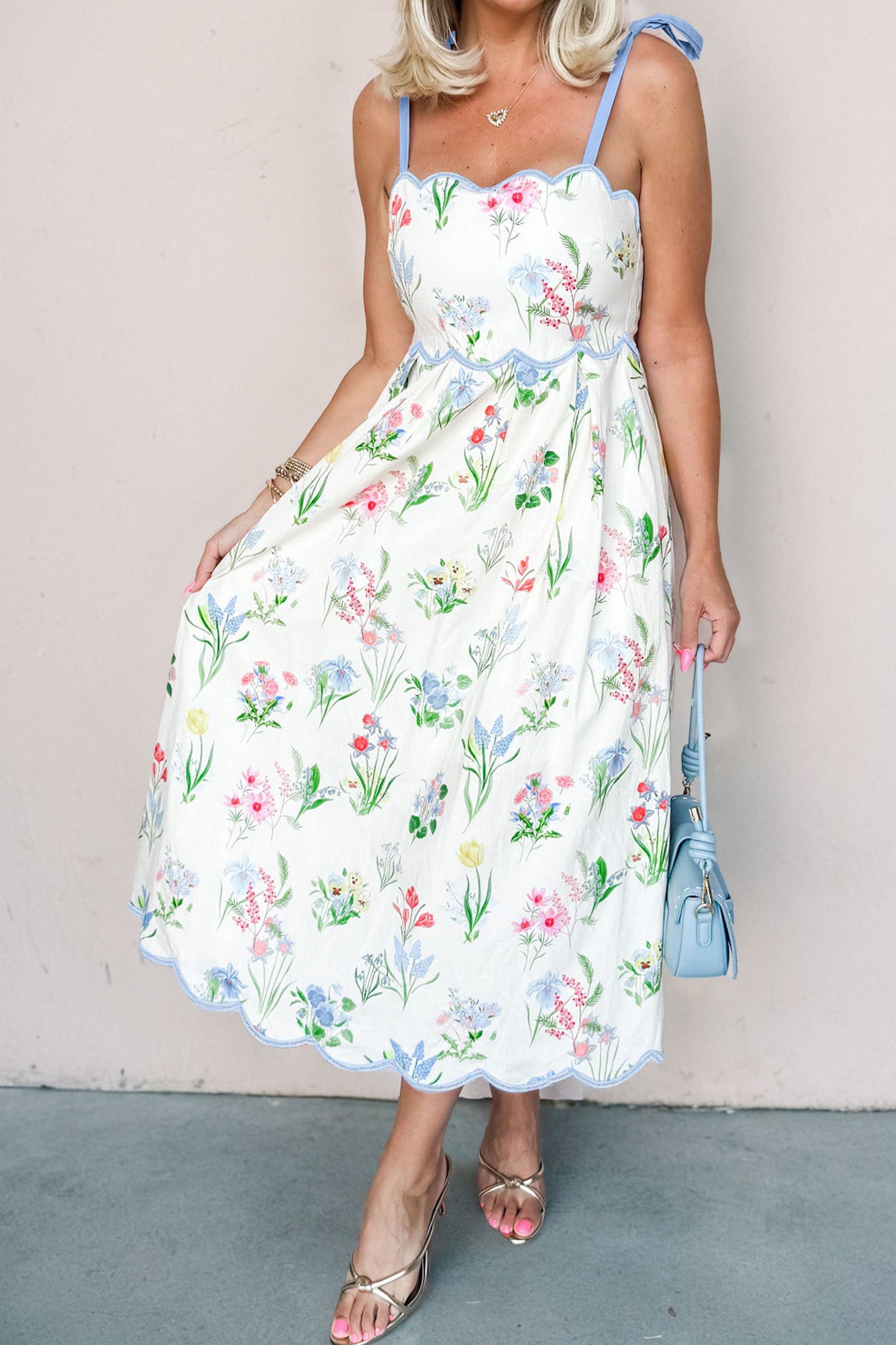 Yellow Floral Print Contrast Trim Self-tie Straps High Waist Midi Dress