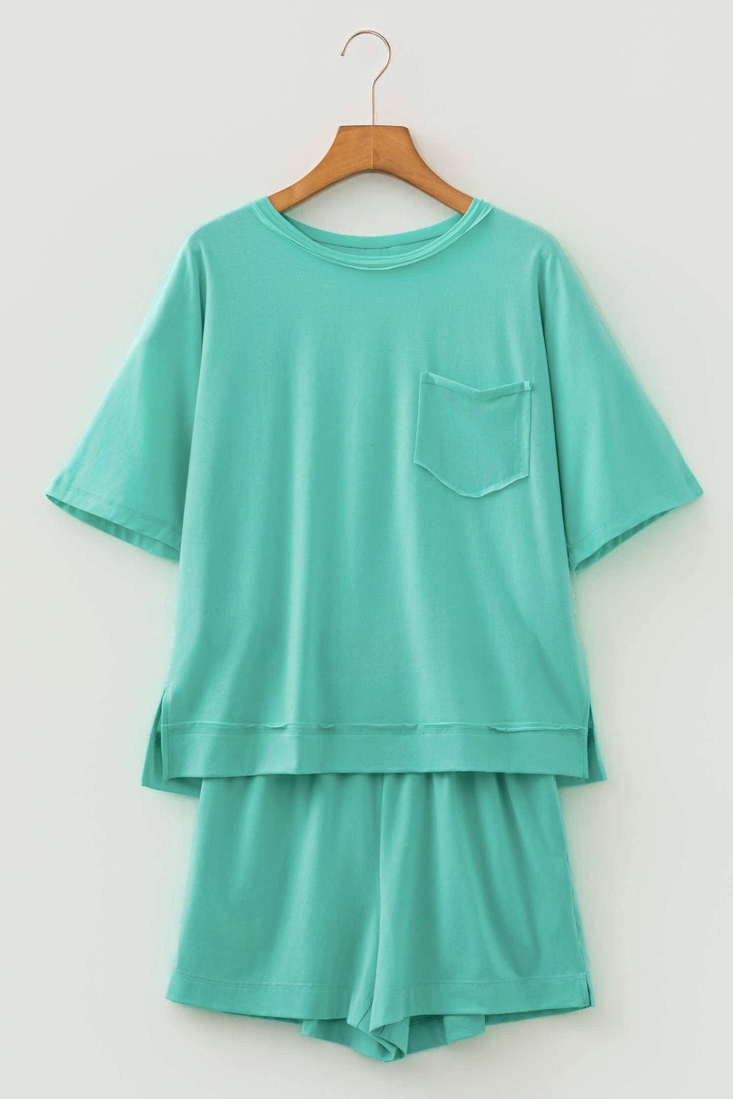 Mint Green Raw Edge Patch Pocket Oversized Top and Shorts Set