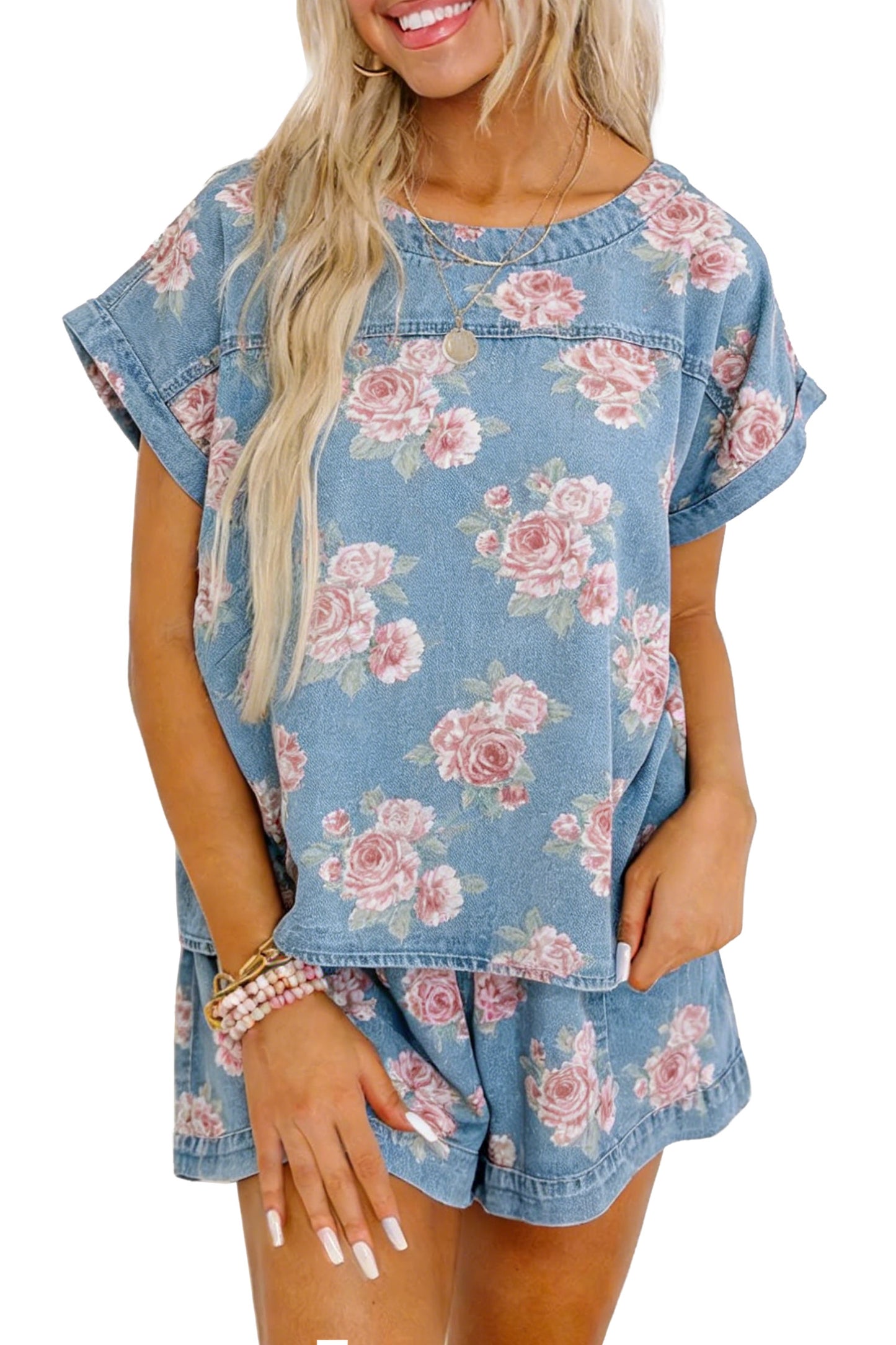 Sky Blue Floral Denim Short Sleeve Top Loose Shorts 2pcs Set