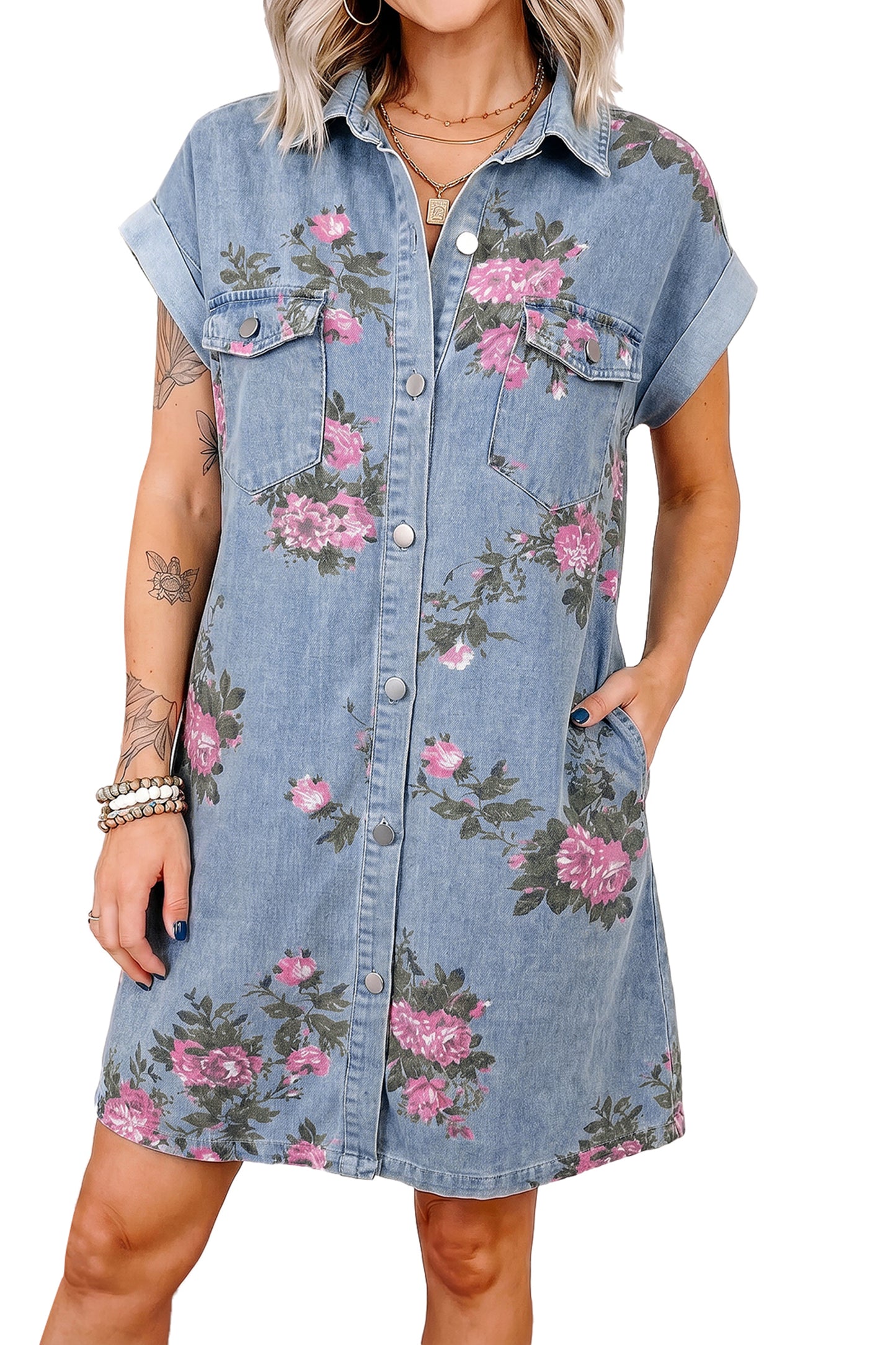 Sky Blue Denim Floral Print Cuffed Short Sleeve Button Down Shift Dress