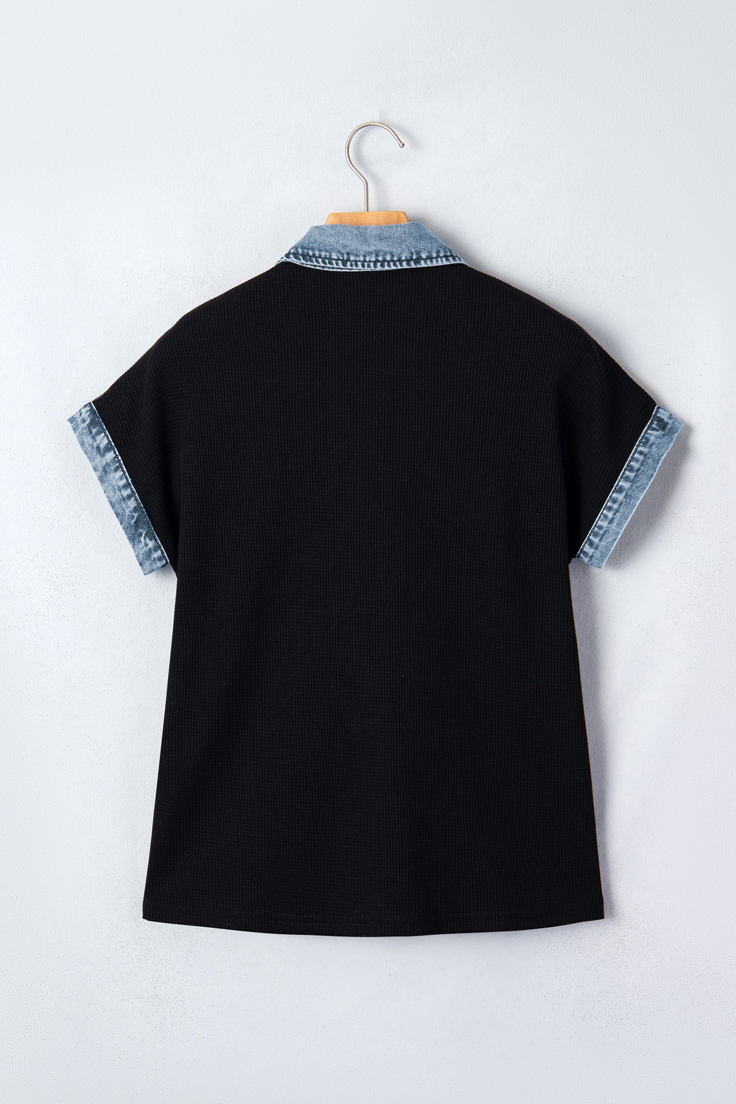 Black Textured Knit Denim Color Block Patchwork Collar Button Down Shirt
