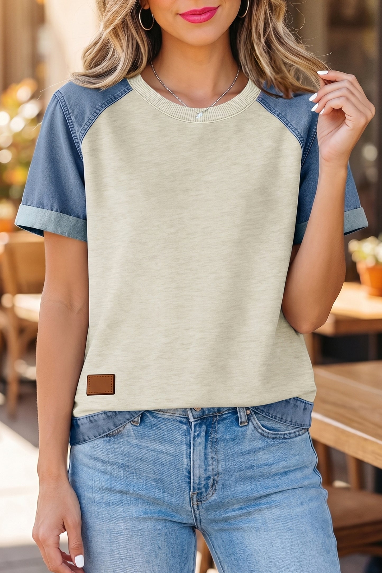 Parchment Denim Color Block Patchwork Round Neck Tee