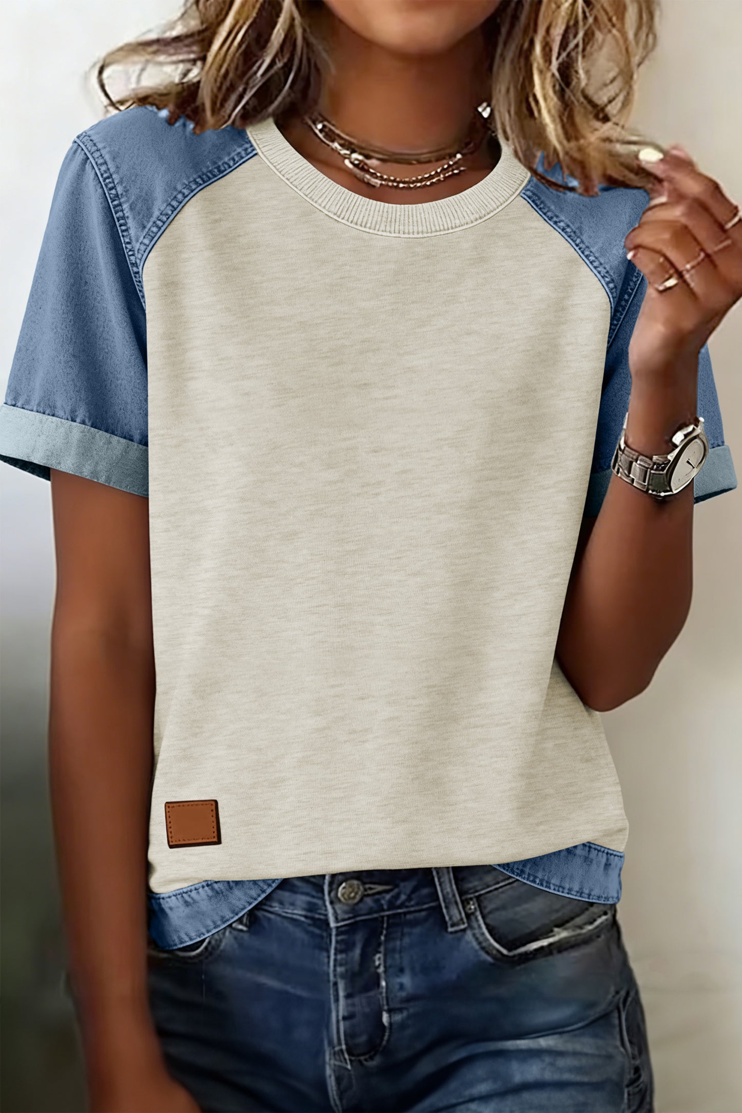 Parchment Denim Color Block Patchwork Round Neck Tee