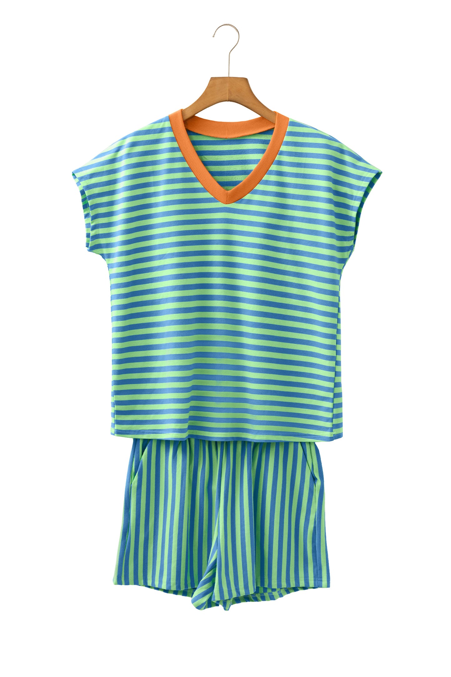 Green Stripe Colorblock Trim V Neck Tee Drawstring Elastic Waist Short Set