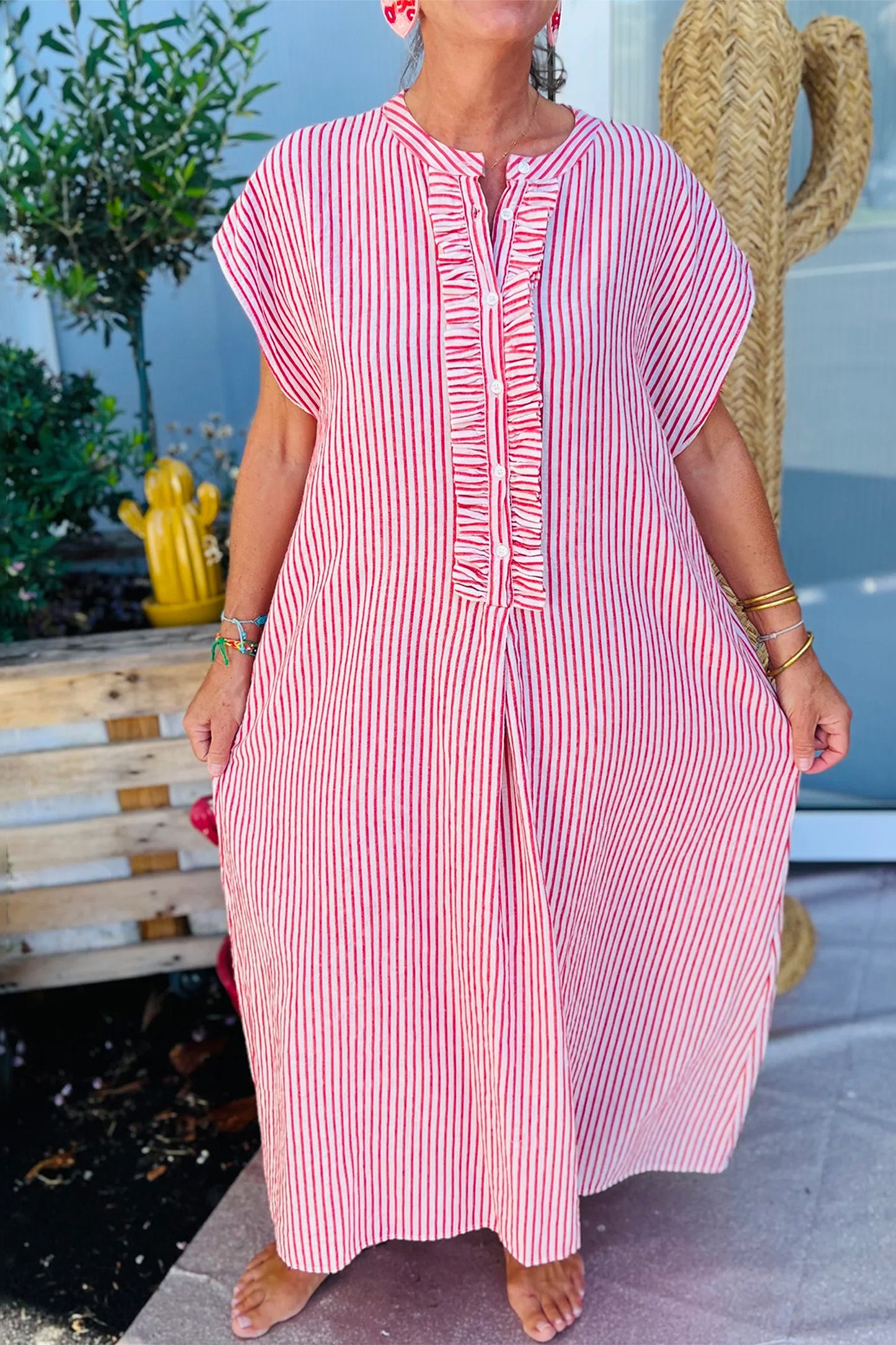 Red Stripe Frilled Detail Half Buttons Short Sleeve Long Dress