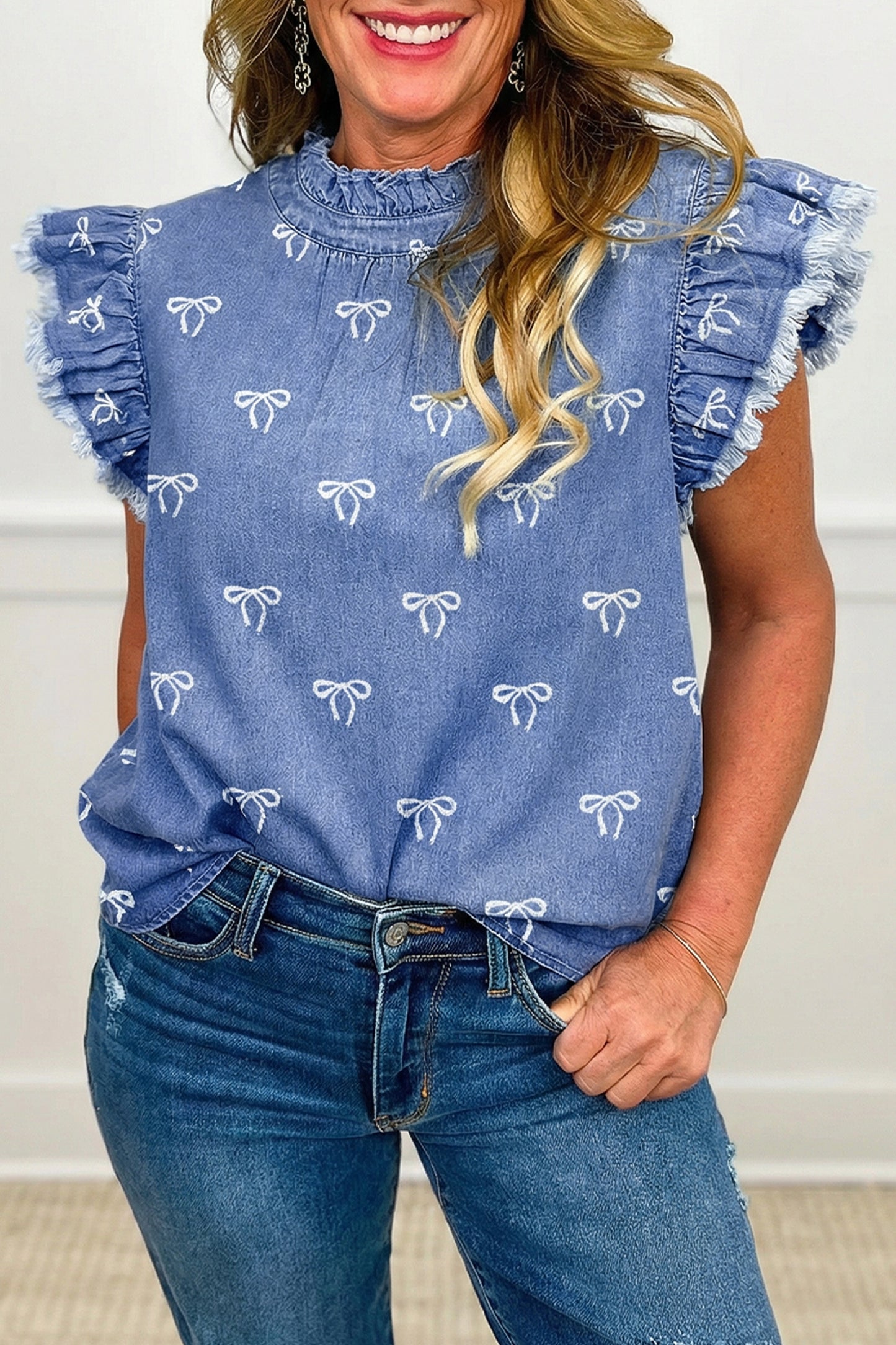 Beau Blue Frilled Collar Flutter Sleeve Denim Top