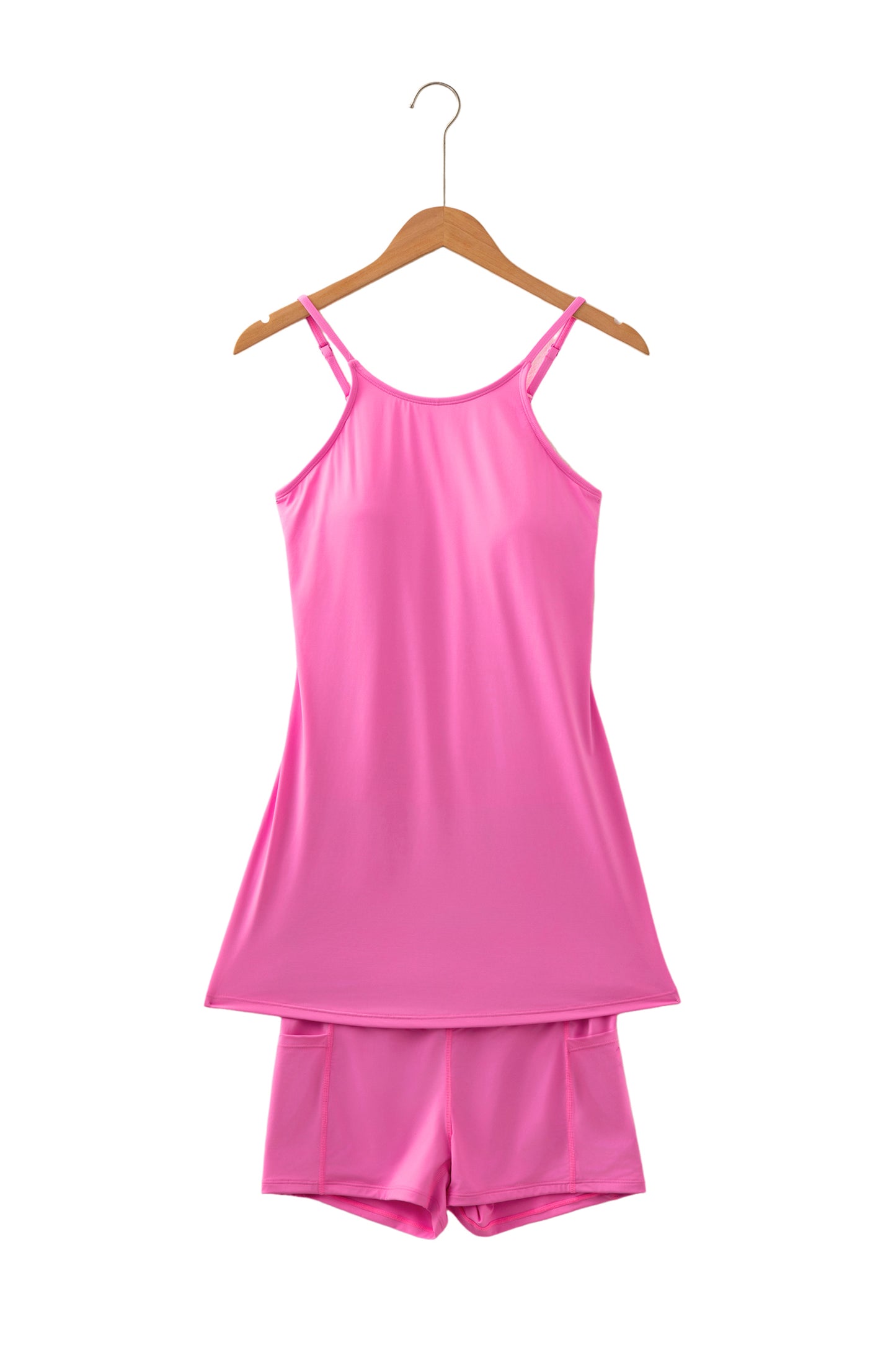 Pink Solid Color Tunic Tank Dress Athletic Shorts Two Piece Set