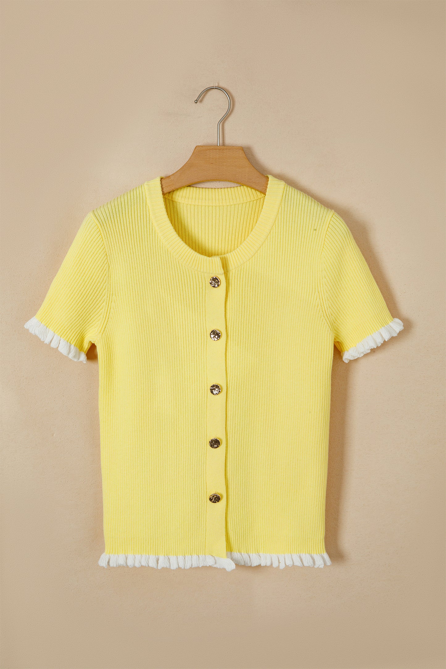 Yellow Cream Ribbed Knit Contrast Frilled Short Sleeve Sweater Cardigan