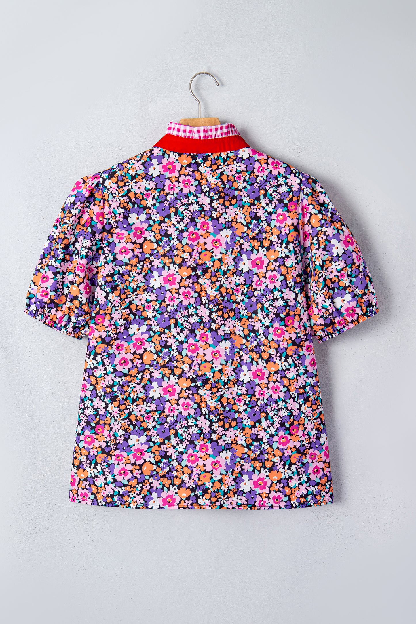 Purple Ditsy Floral Print Plaid Colorblock Trim V Neck Blouse