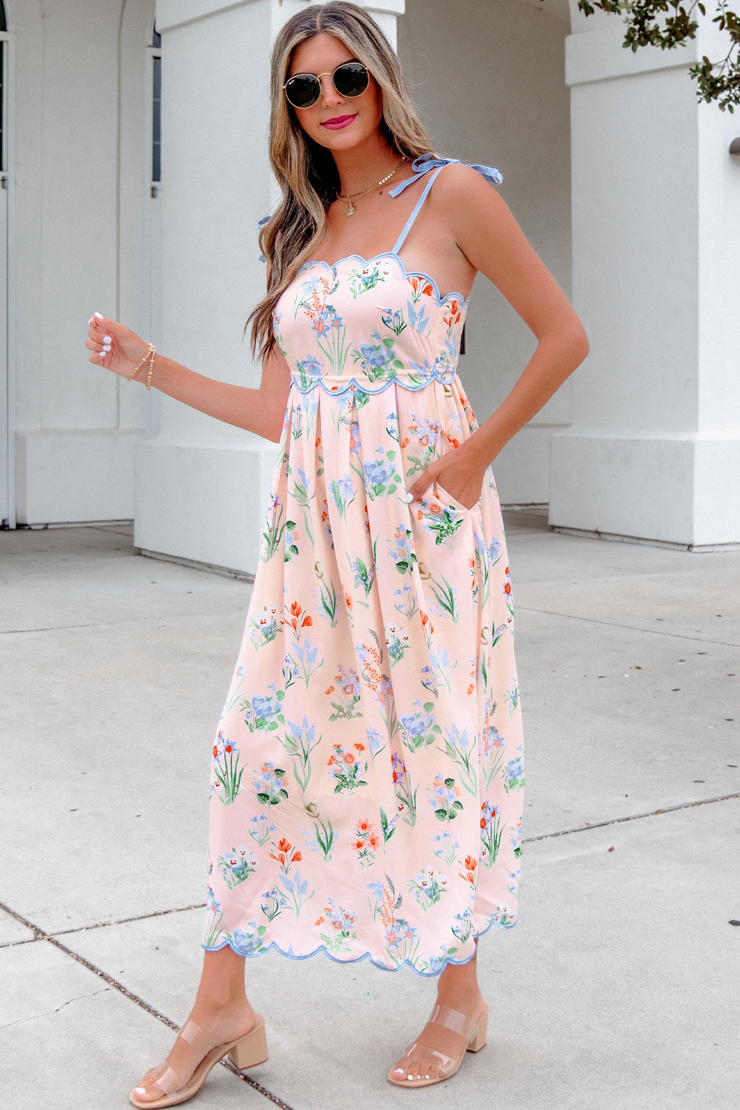 Yellow Floral Print Contrast Trim Self-tie Straps High Waist Midi Dress