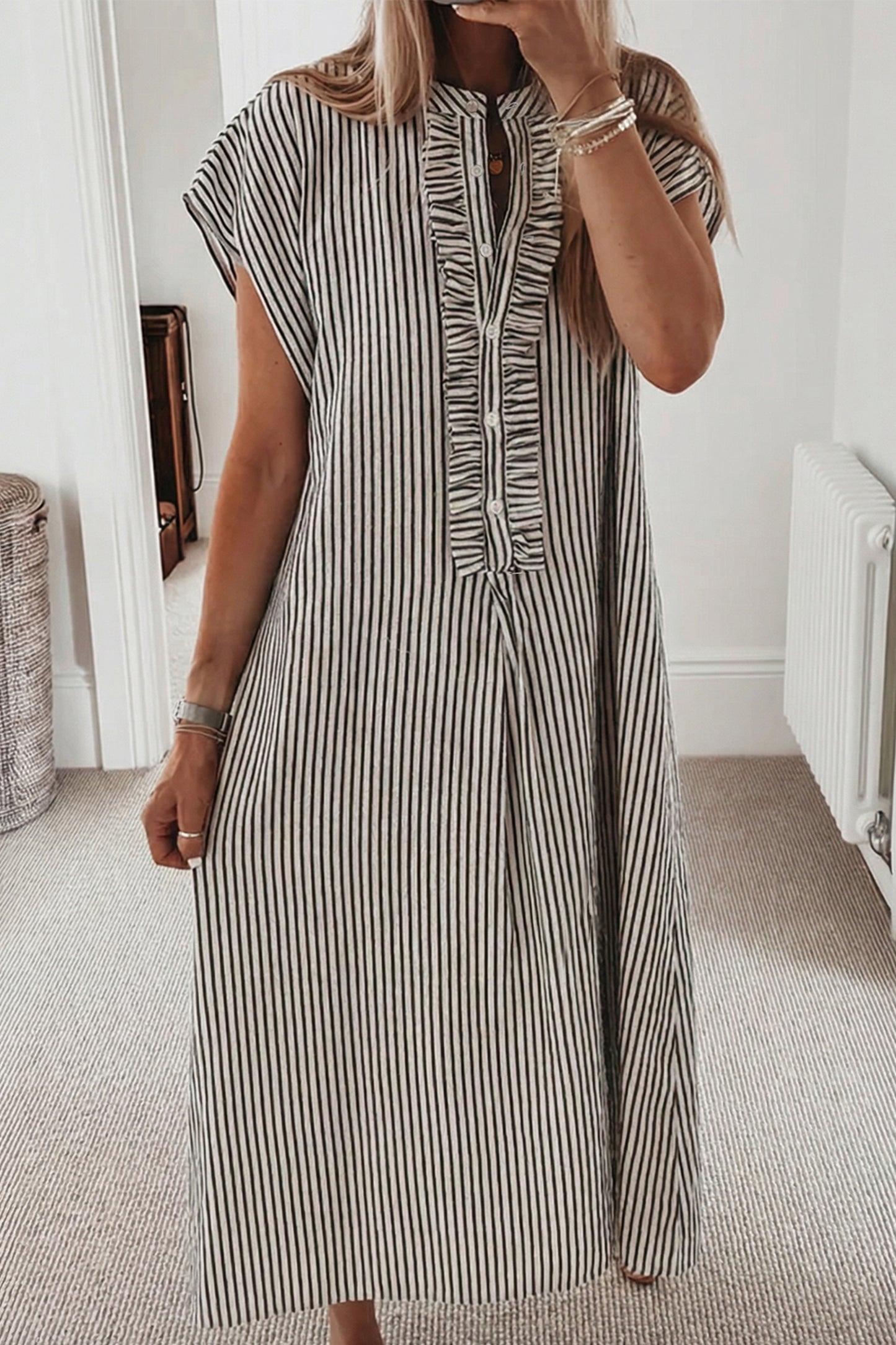 Red Stripe Frilled Detail Half Buttons Short Sleeve Long Dress
