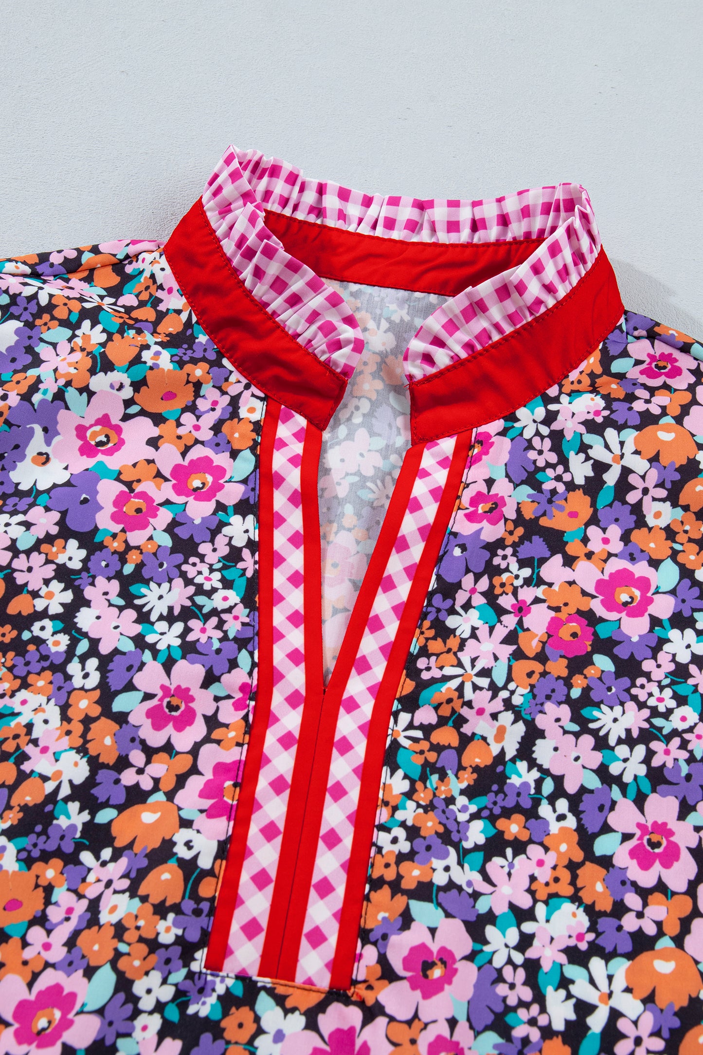 Purple Ditsy Floral Print Plaid Colorblock Trim V Neck Blouse