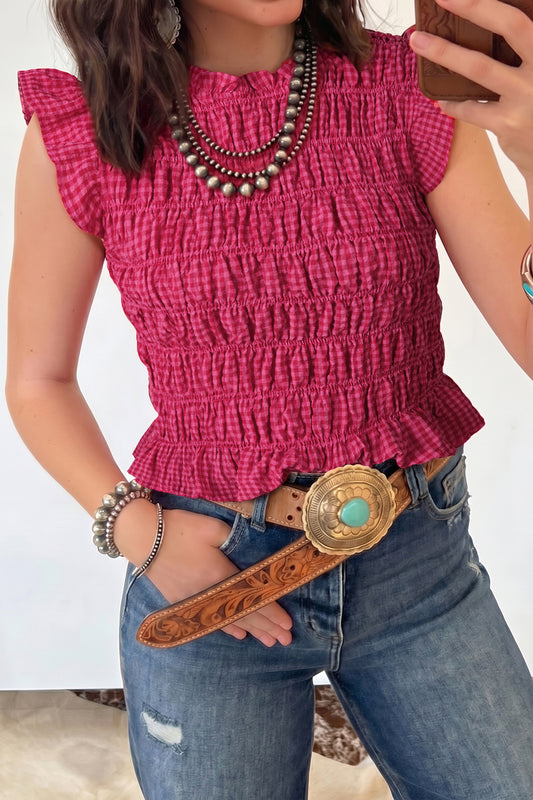 Red Plaid Shirred Ruffle Trim Tank Top