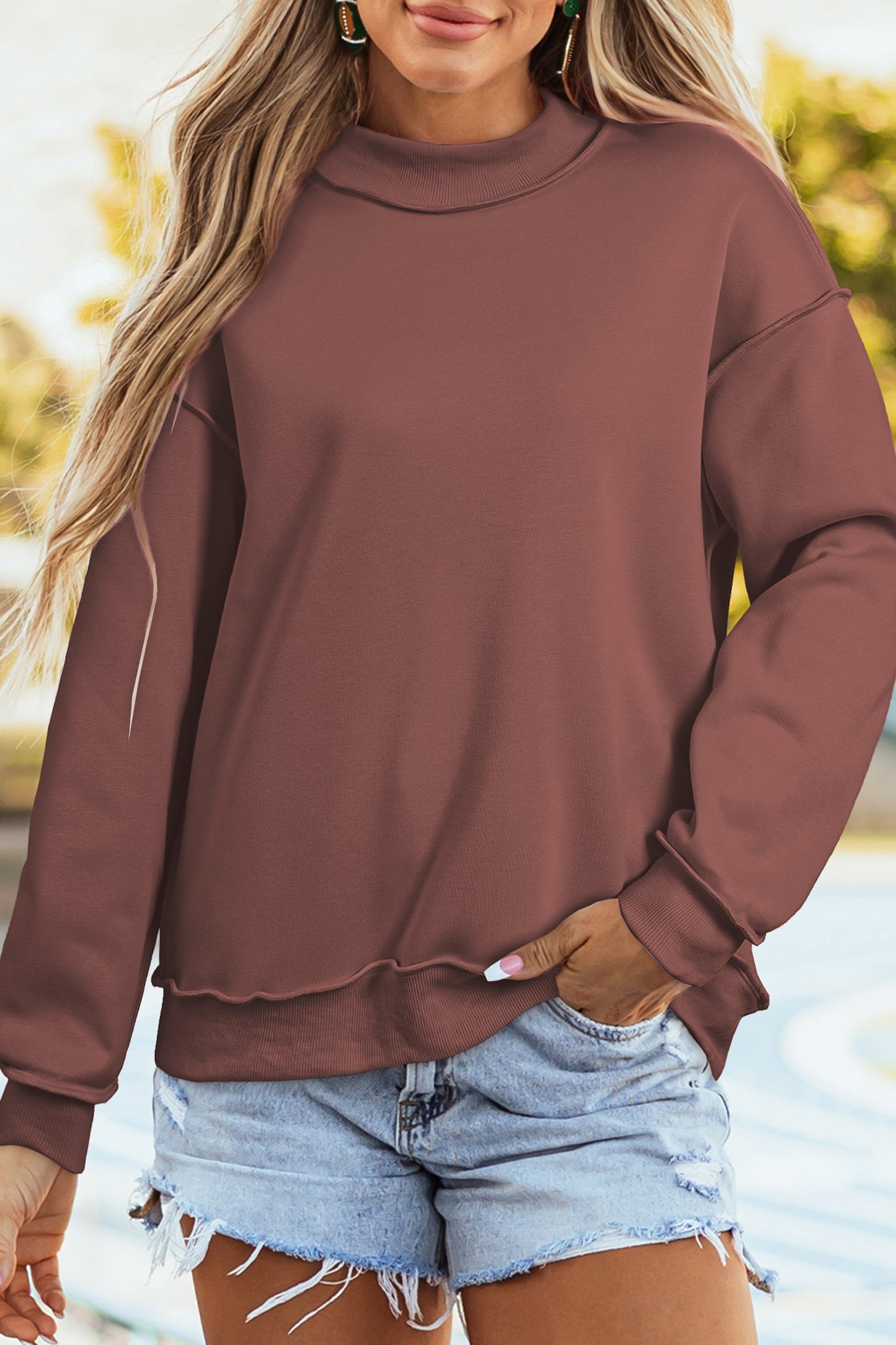 Light Pink Oversize Drop Shoulder Reversible Mock Neck Sweatshirt