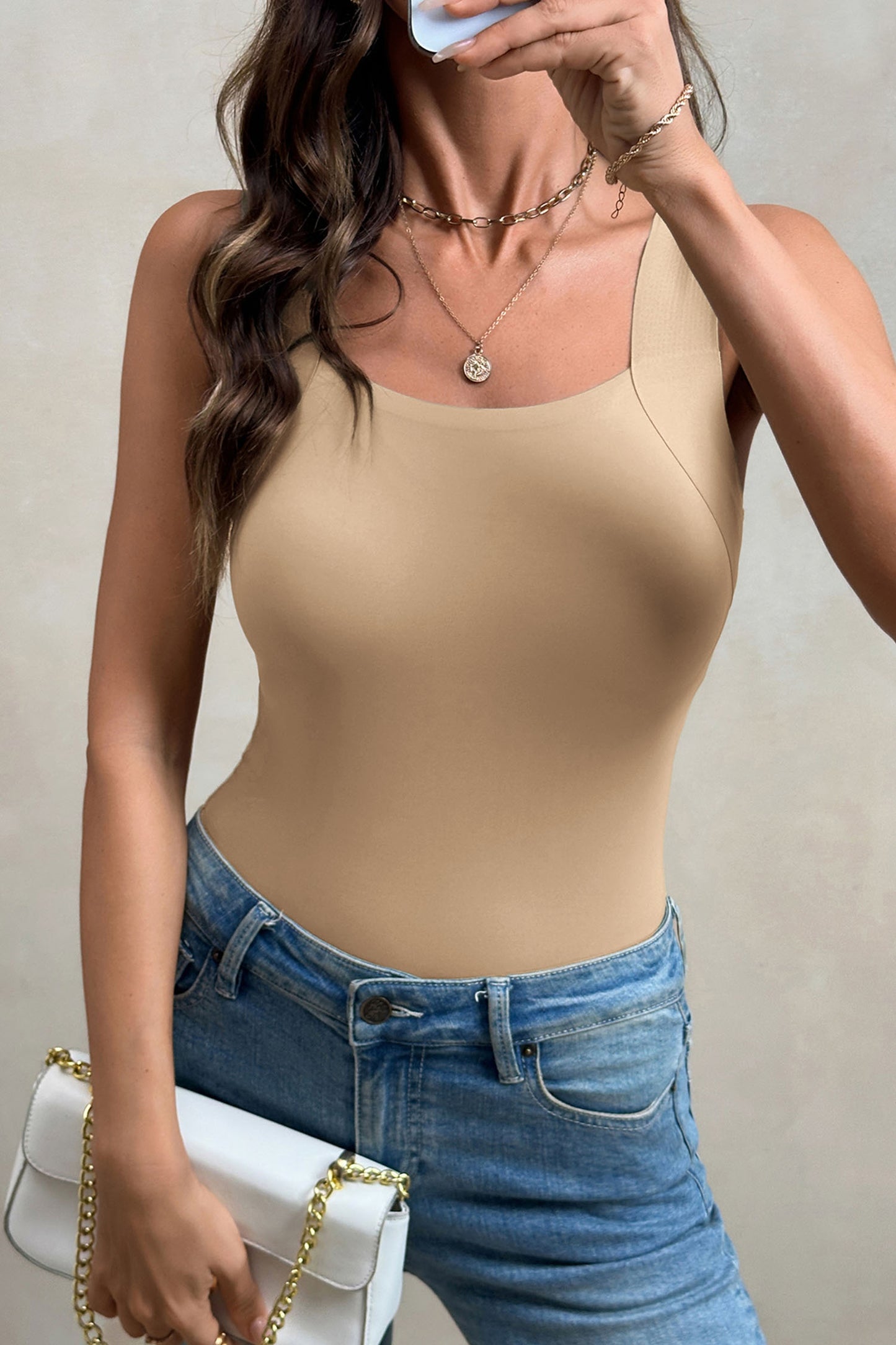 Oatmeal Solid Color Wide Strap Splicing Athleisure Tank Top