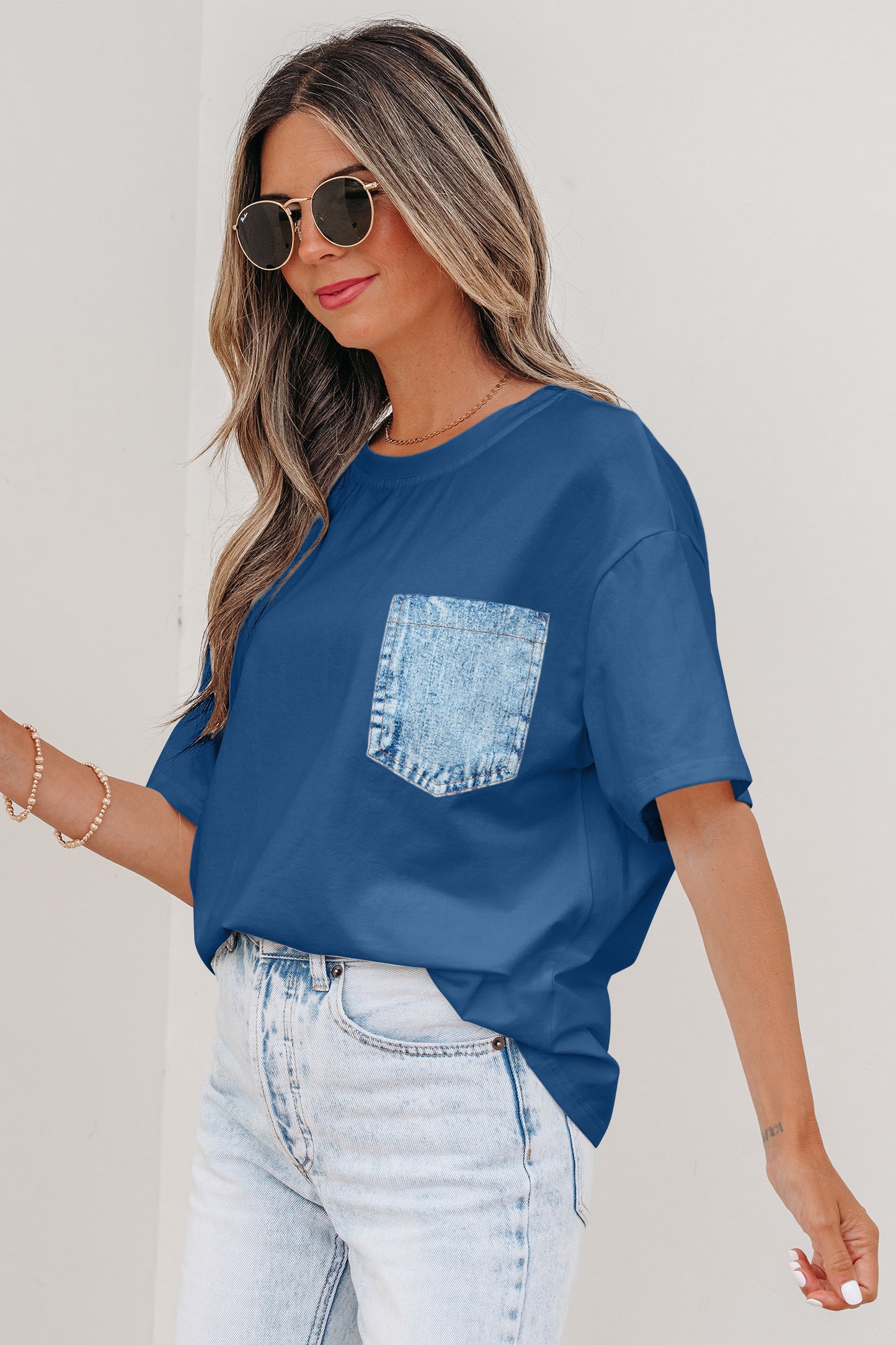 White Color Block Chest Pocket Patched Casual Short Sleeve Top