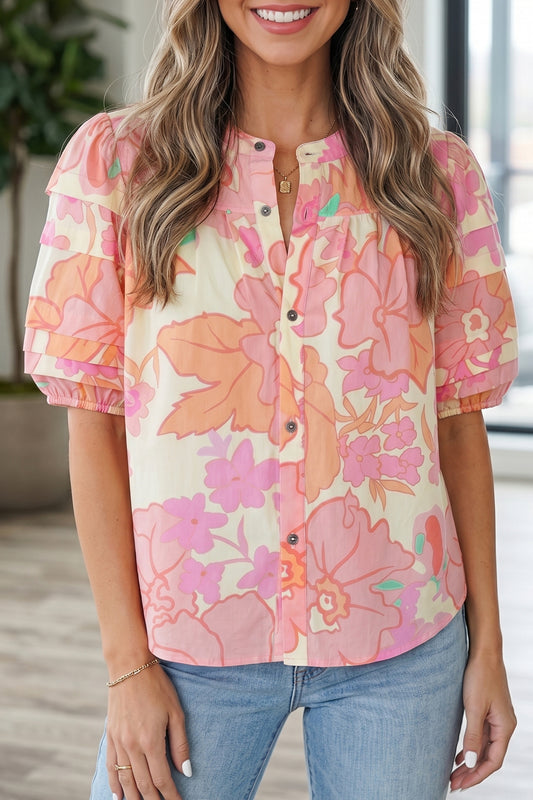 Pink Floral Print Button Down Pintuck Short Sleeve Shirt
