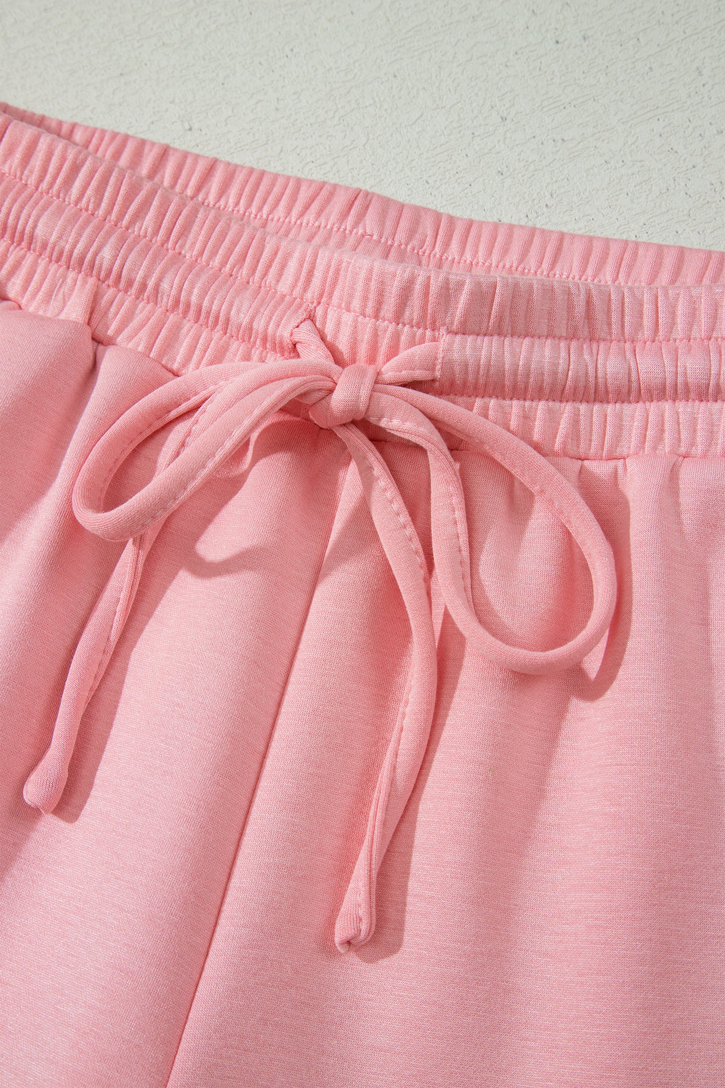 Gossamer Pink Scalloped V Neck Dolman Oversize Top Drawstring Short Set