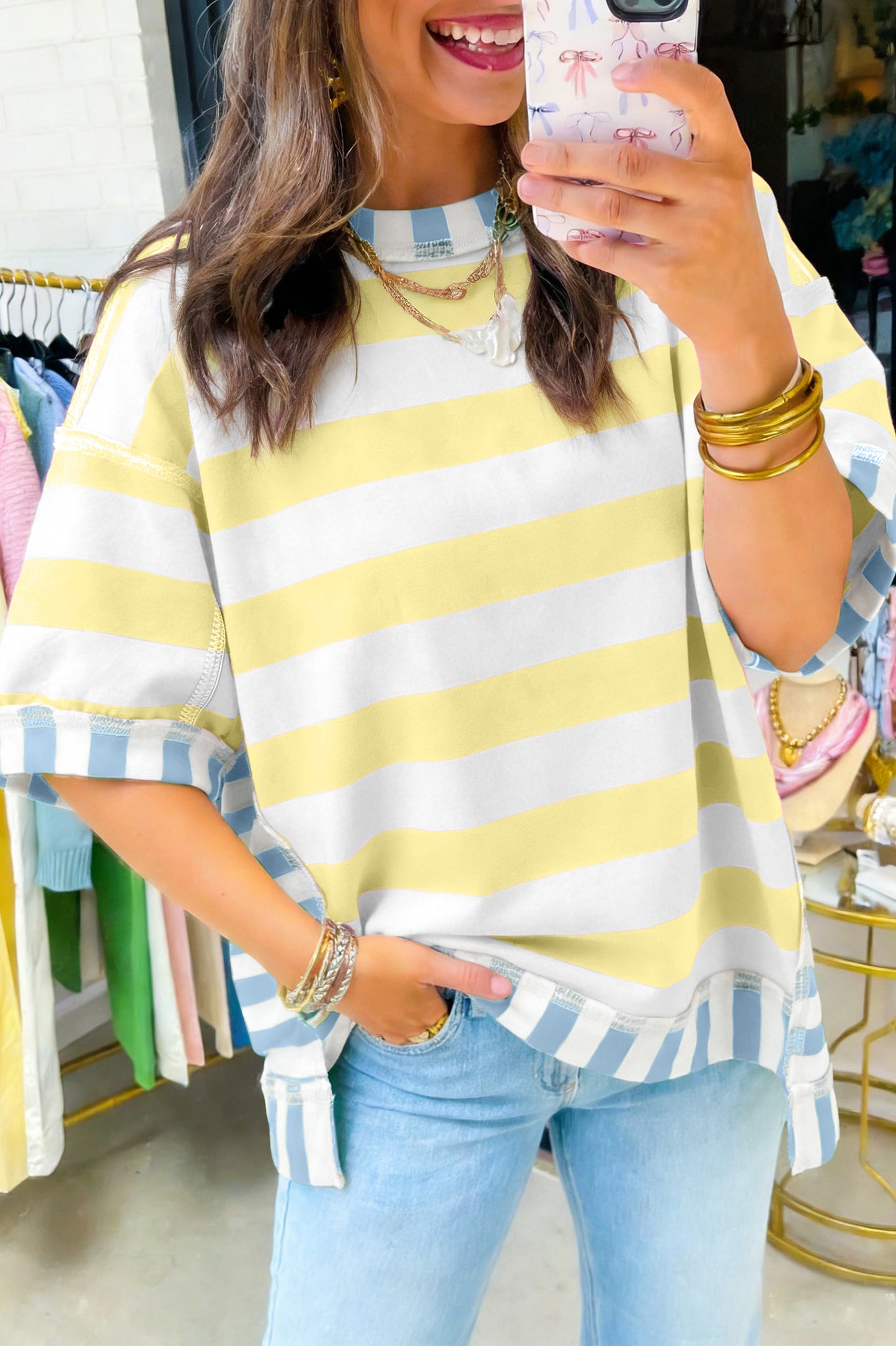 Pink Stripe Exposed Seam Contrast Patchwork Oversized Top