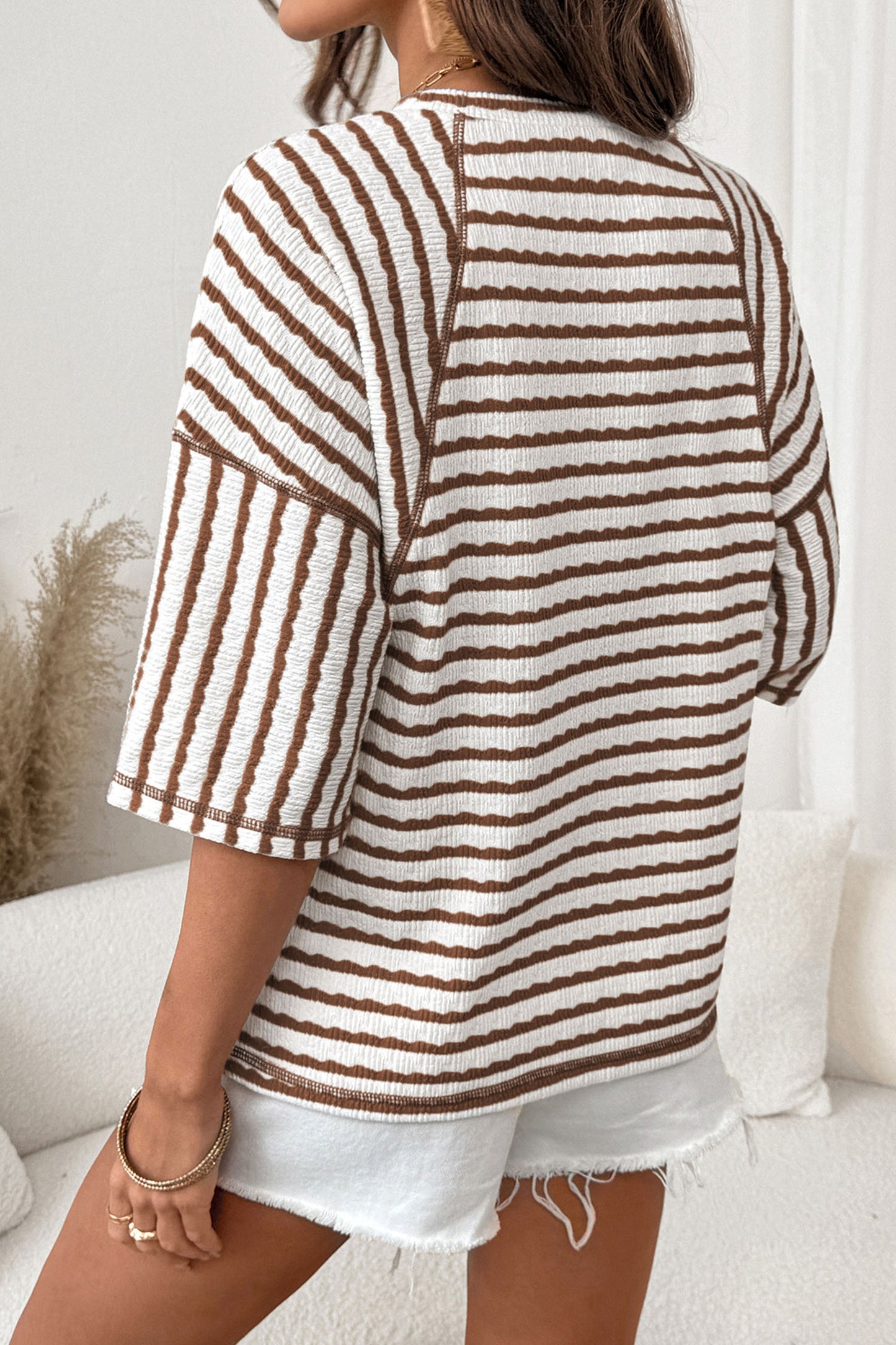 Sky Blue Stripe Textured Knit Split Hem Half Sleeve Loose Top