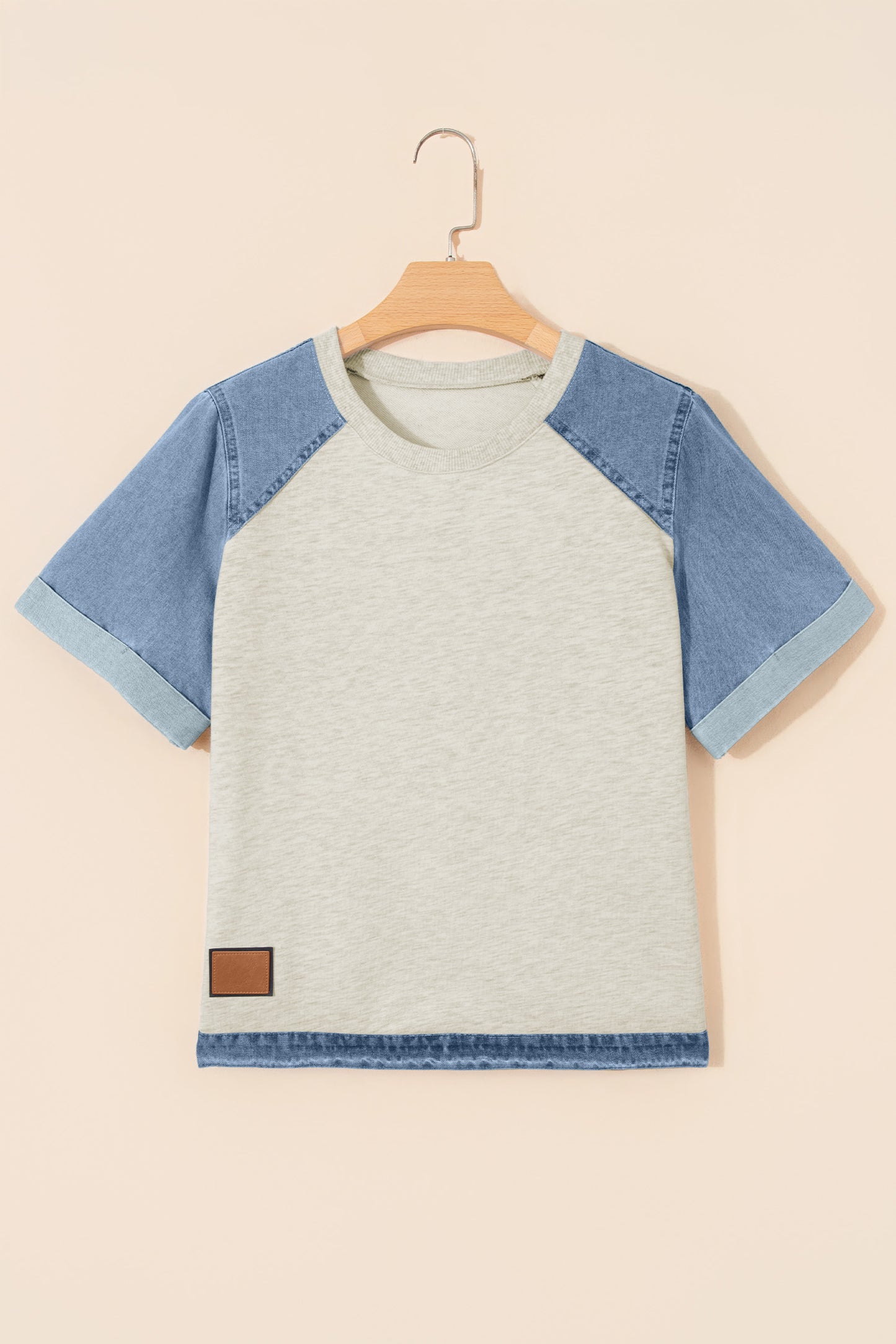 Parchment Denim Color Block Patchwork Round Neck Tee