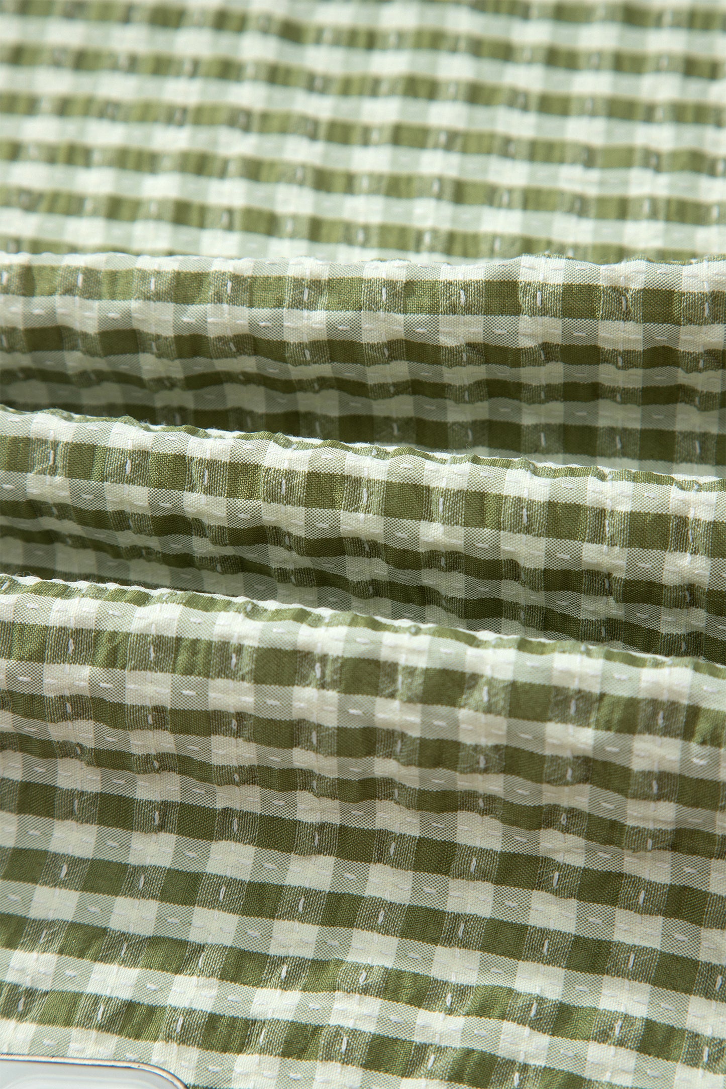 Green Plaid Short Sleeve Colorblock Trim Split Neck Blouse