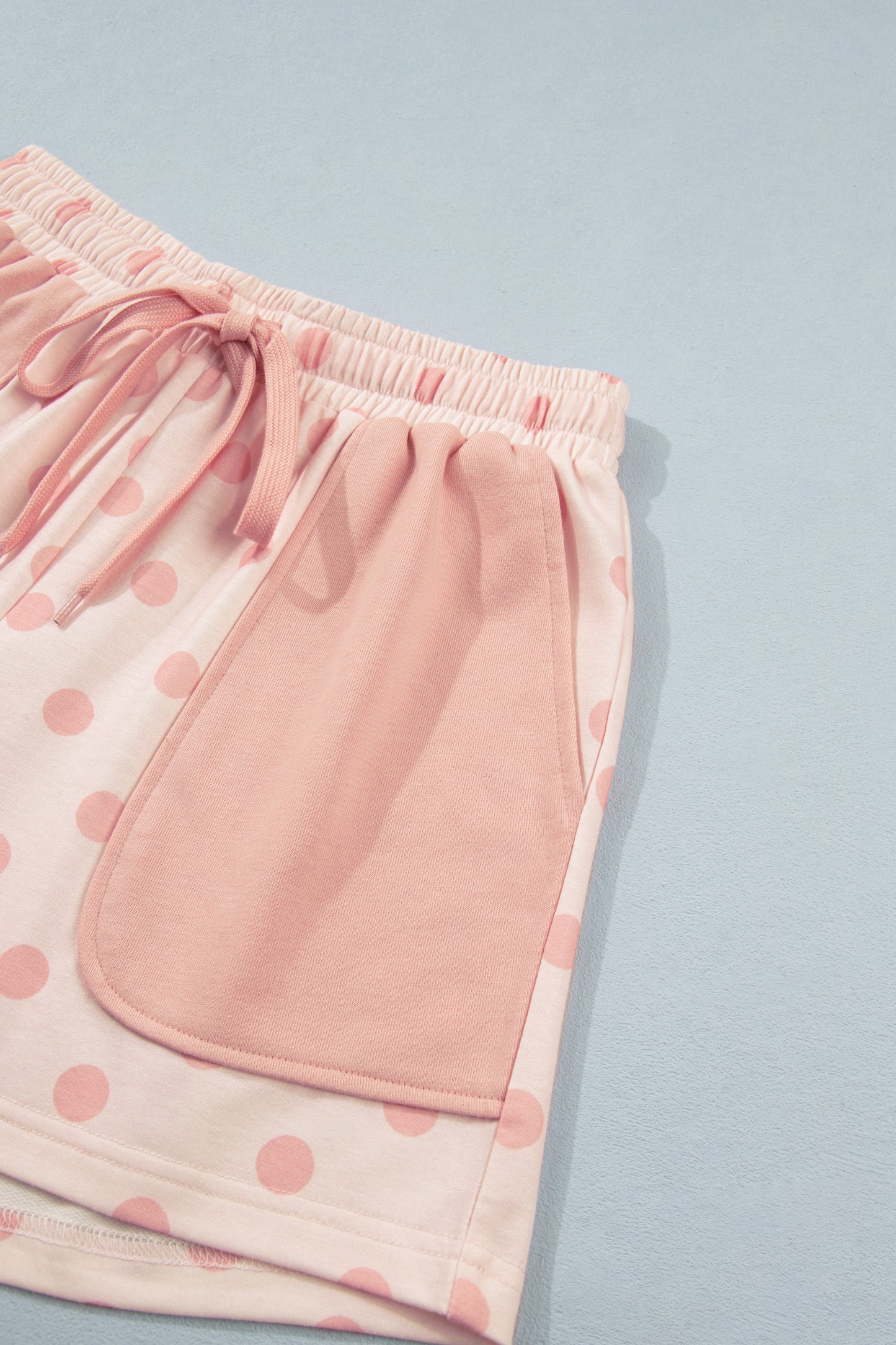 Pink Polka Dot Drop Shoulder Polo Loose Pullover Patch Pocket Casual Shorts Set