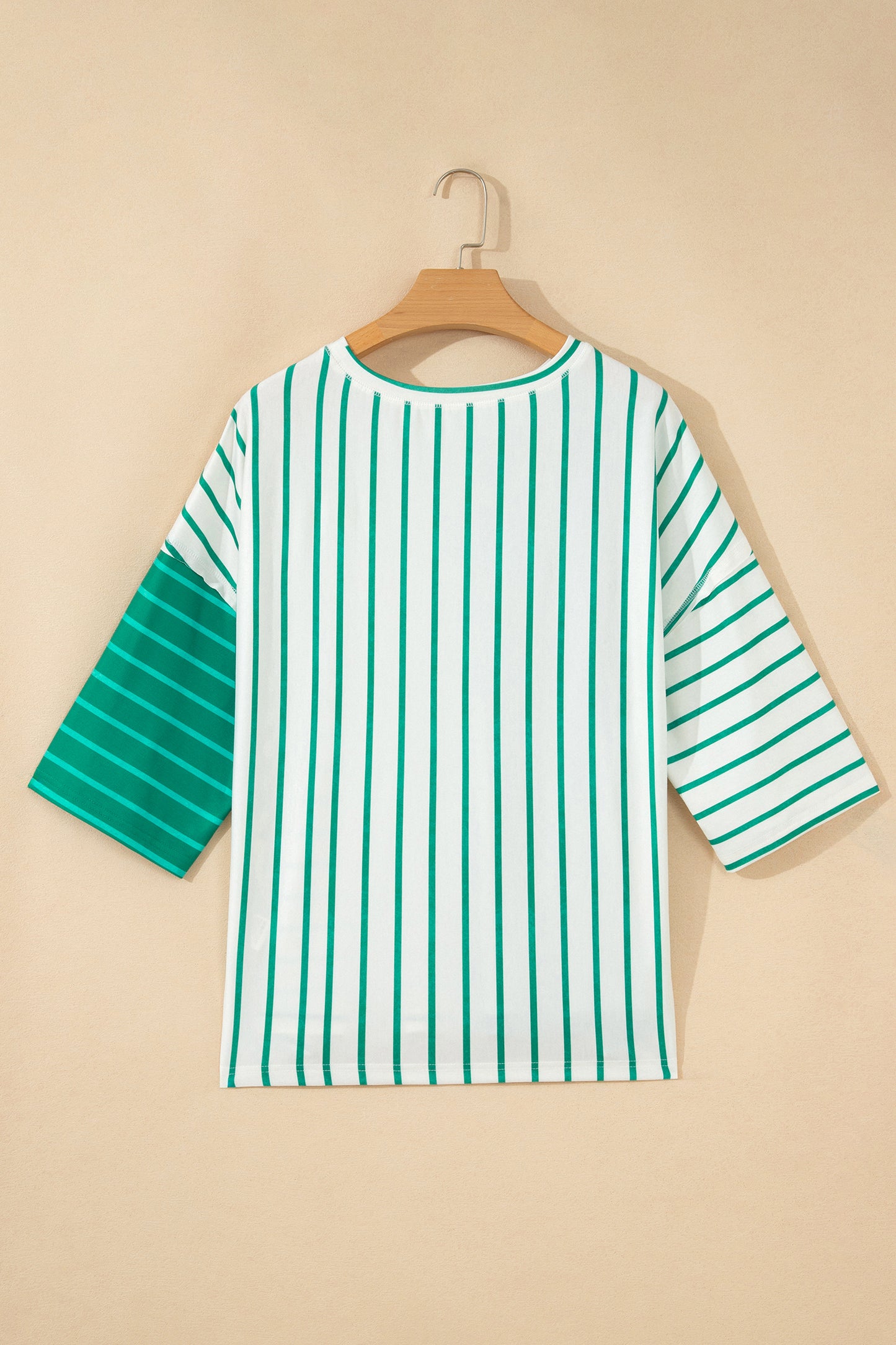Green Stripe Colorblock 3/4 Sleeve Loose T Shirt