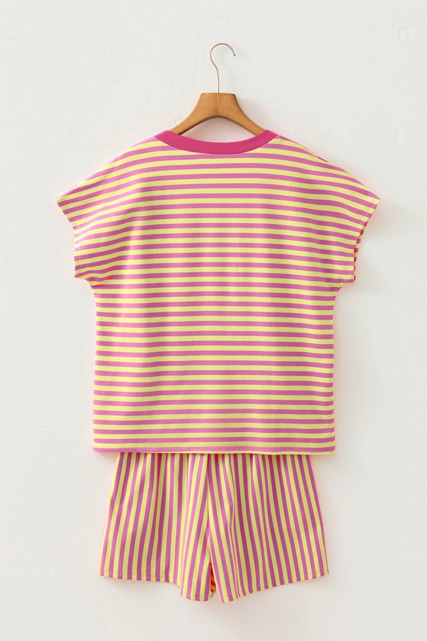 Green Stripe Colorblock Trim V Neck Tee Drawstring Elastic Waist Short Set