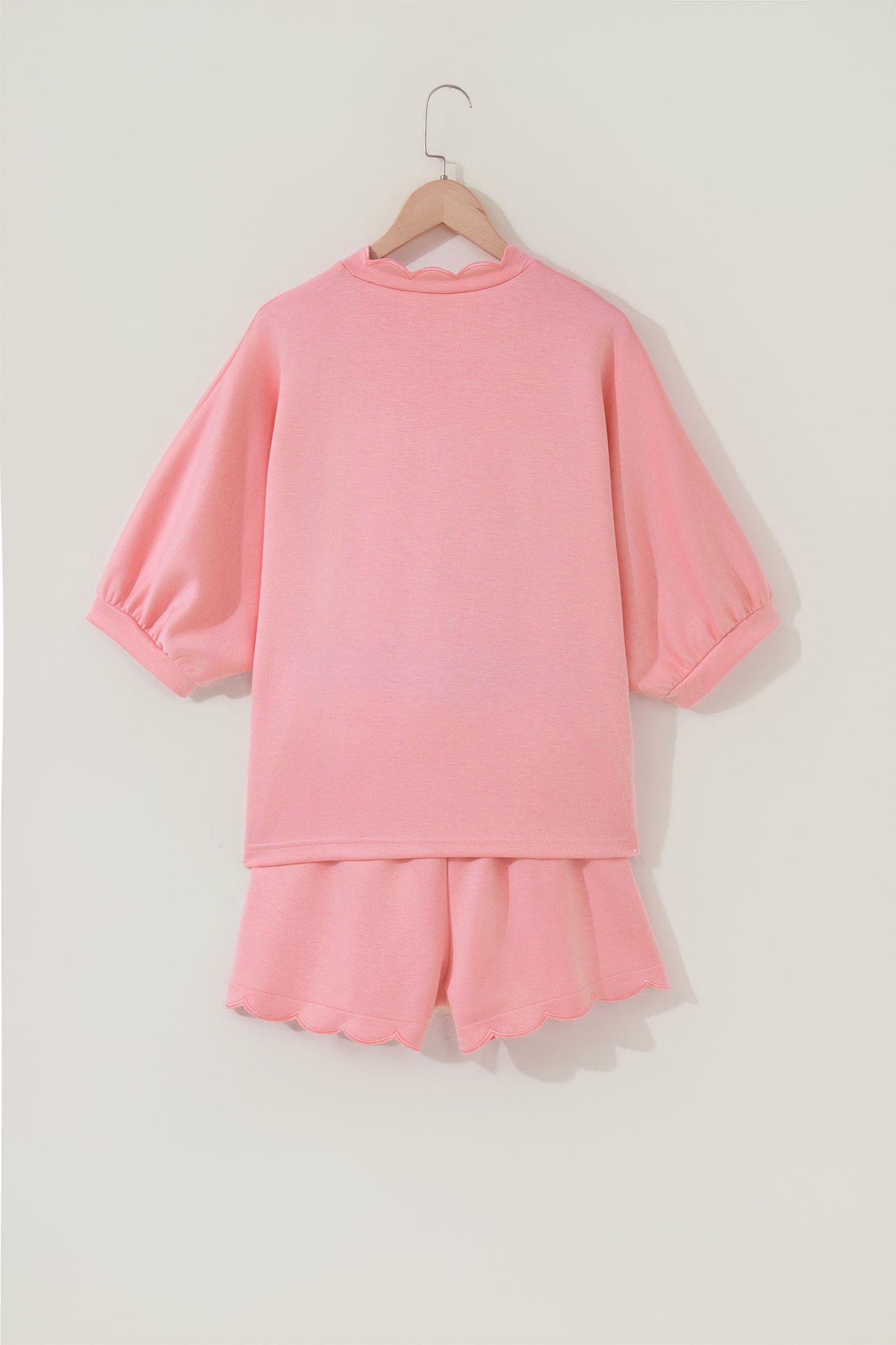 Gossamer Pink Scalloped V Neck Dolman Oversize Top Drawstring Short Set
