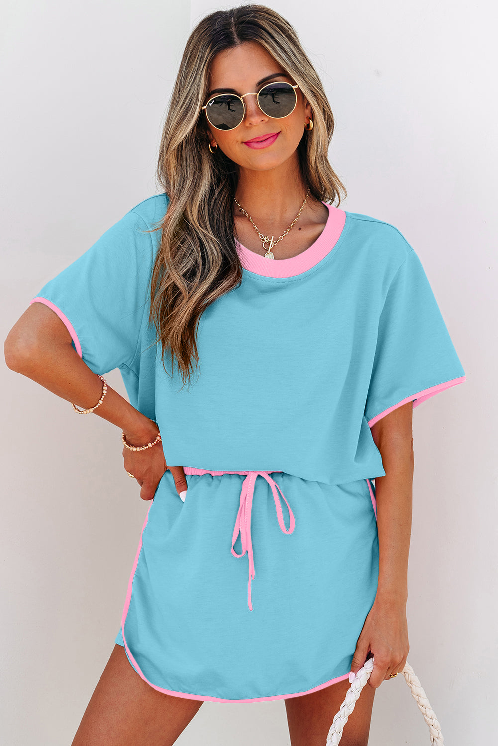 Apricot Colorblock Edge Drop Shoulder T Shirt and Skort 2Pcs Set