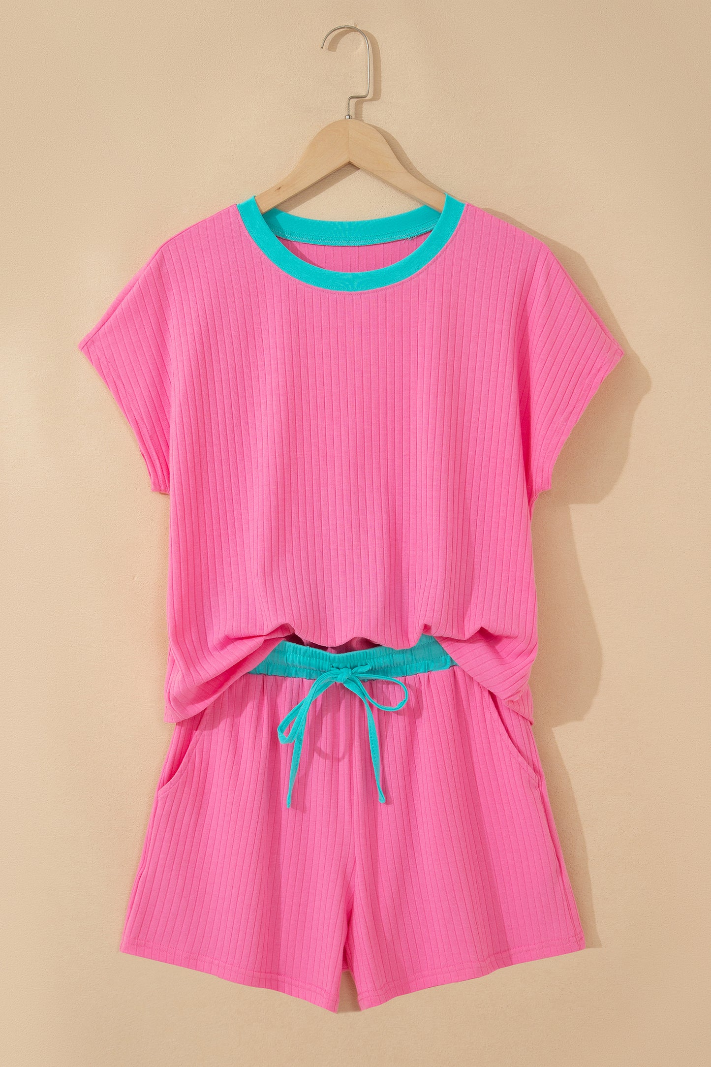 Clearly Aqua Soft Ribbed Color Block Trim Casual Short Set