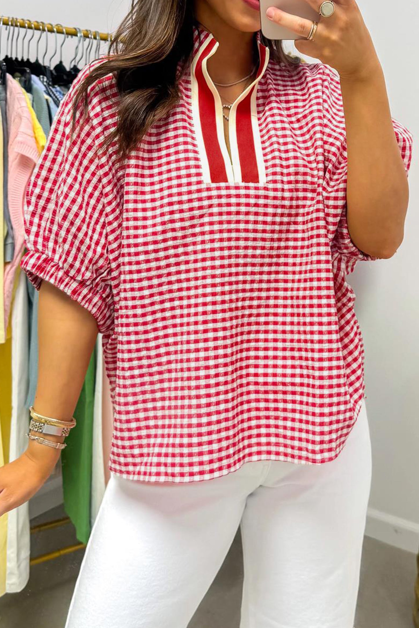 Green Plaid Short Sleeve Colorblock Trim Split Neck Blouse