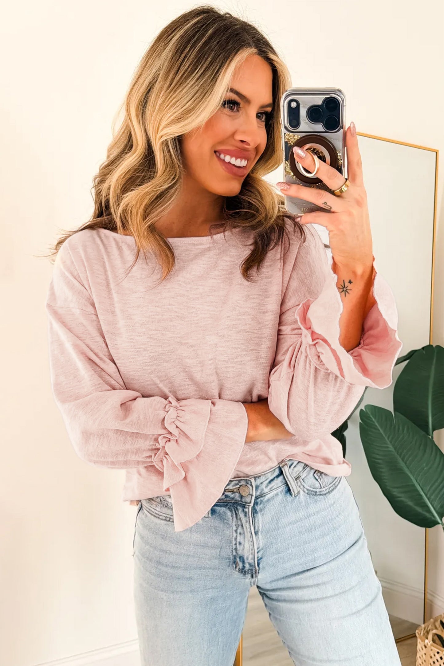 Gossamer Pink Ruffle Sleeve Long Sleeve Loose Pullover Top