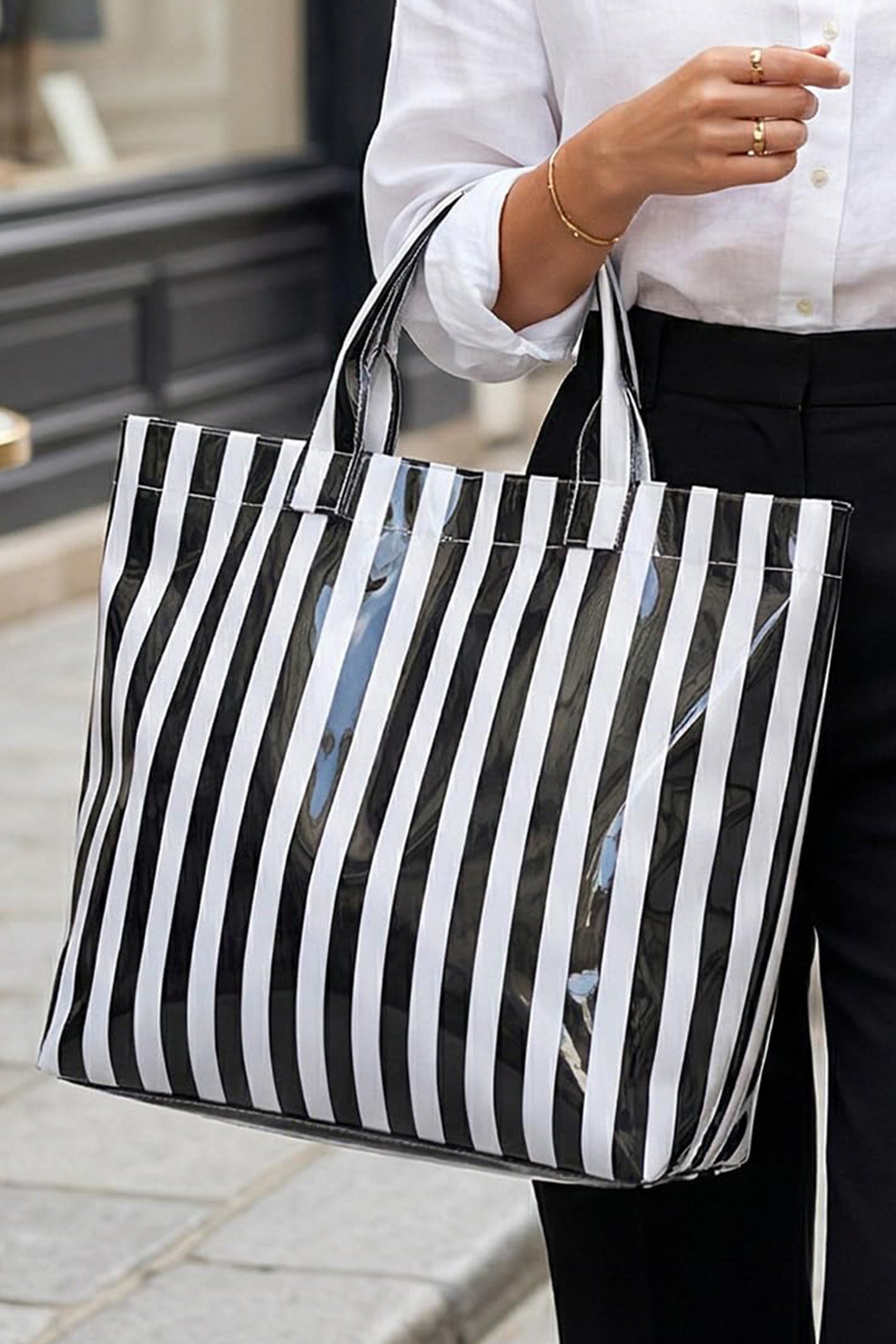 Rose Red Glossy Striped Vinyl Large Tote Bag