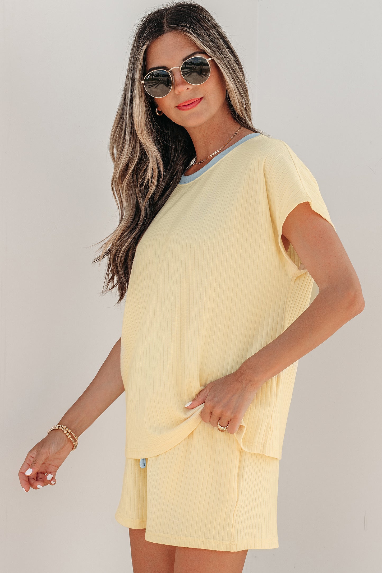 Clearly Aqua Soft Ribbed Color Block Trim Casual Short Set