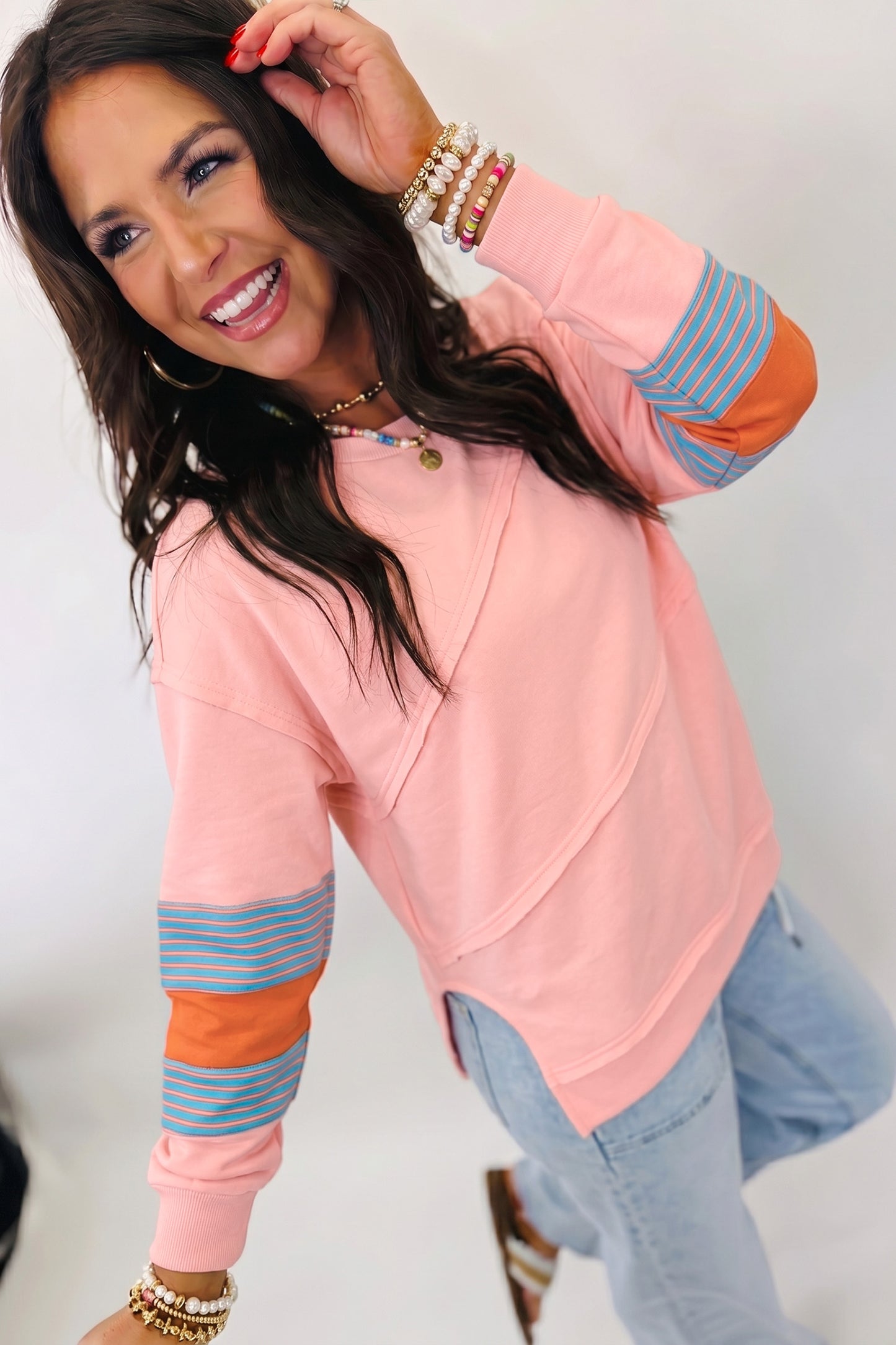 Pink Colorblock Striped Patchwork Long Sleeve Round Neck Blouse