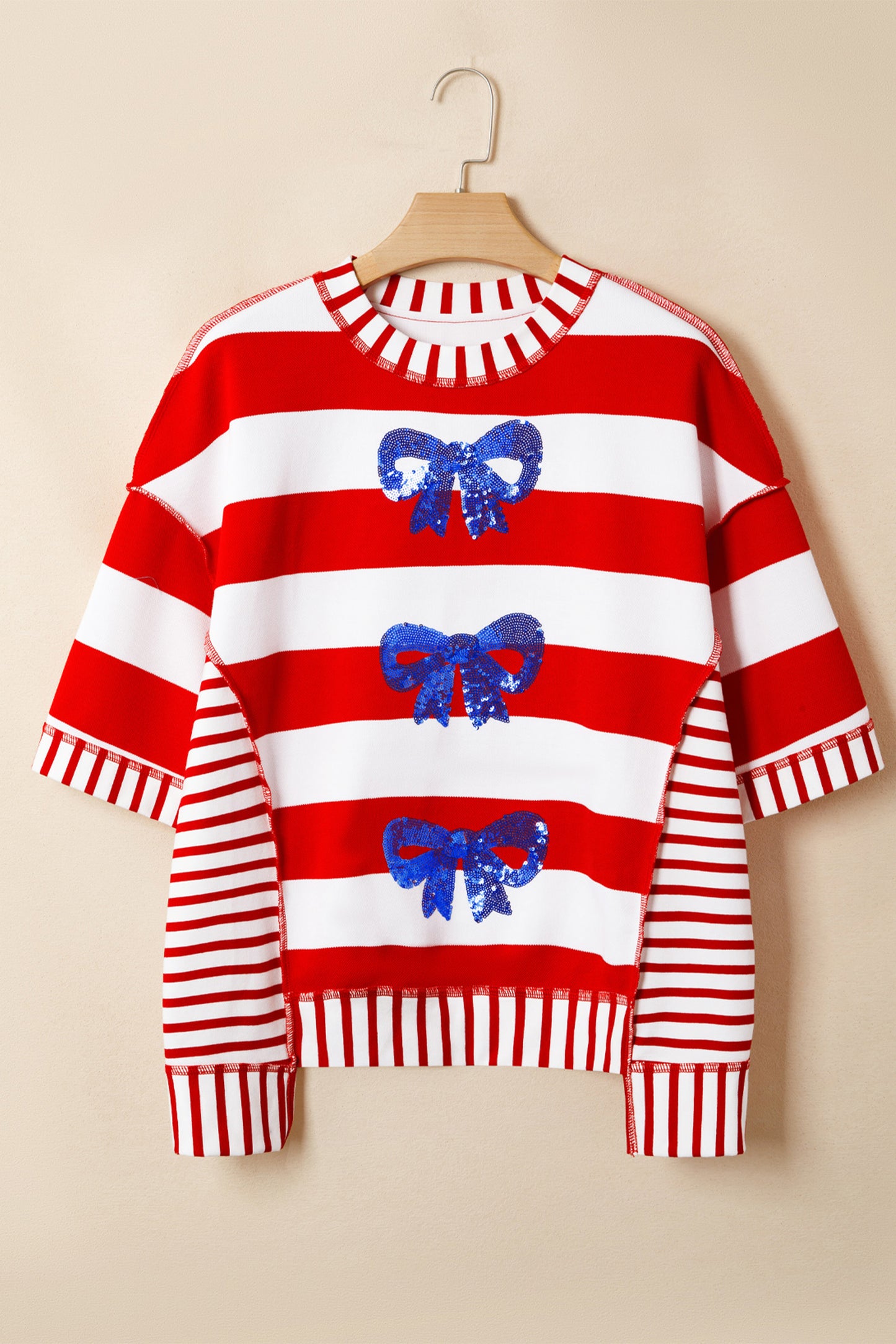 Red Stripe Sequin Bow Patriotic Half Sleeve Top