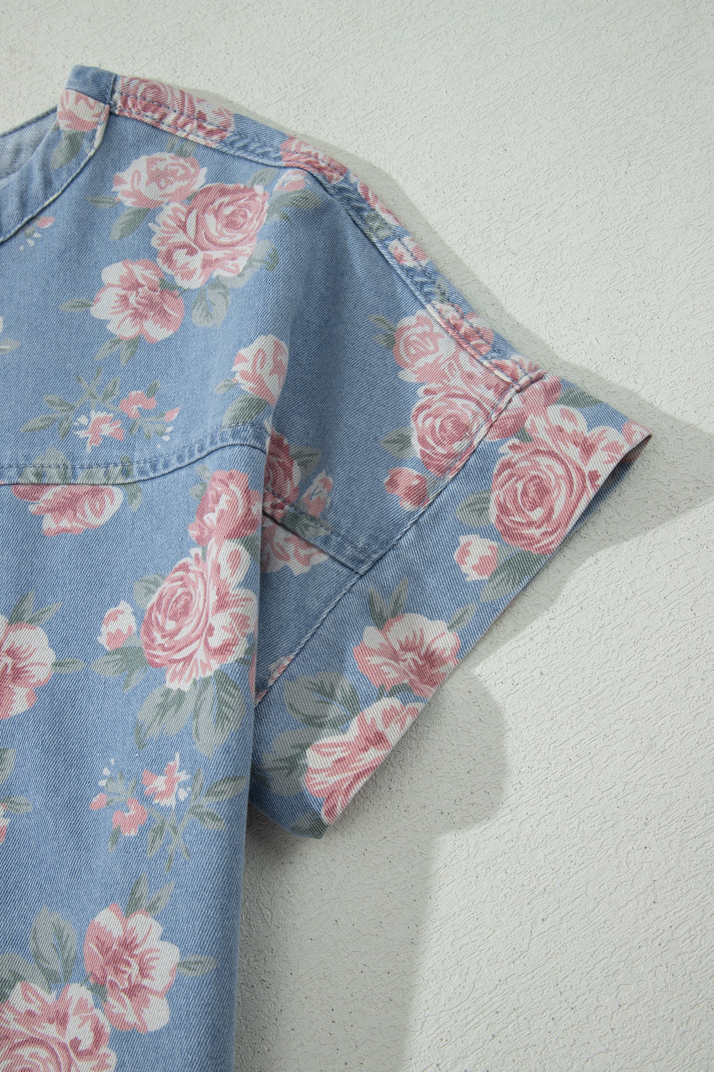 Sky Blue Floral Denim Short Sleeve Top Loose Shorts 2pcs Set