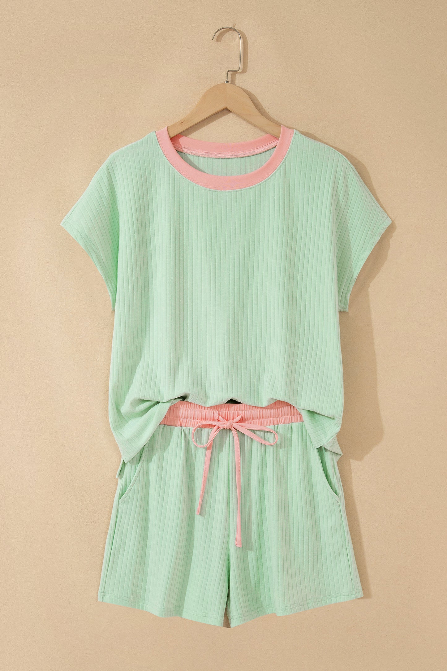 Clearly Aqua Soft Ribbed Color Block Trim Casual Short Set