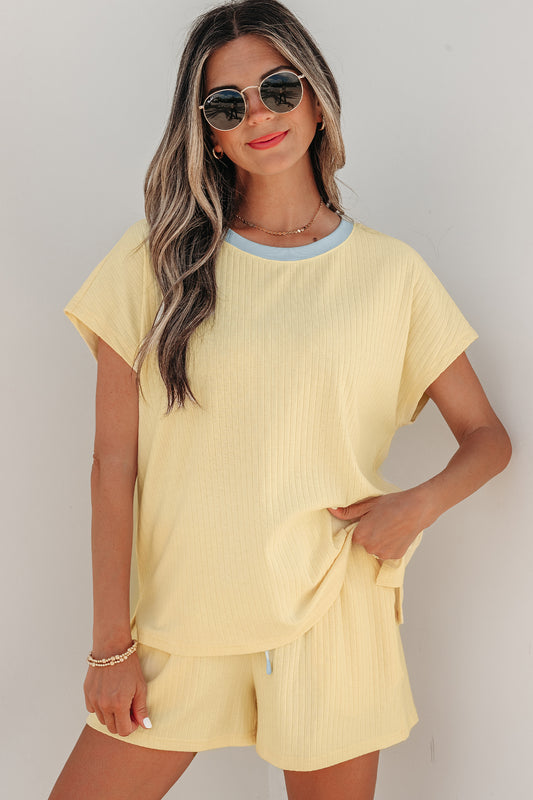Clearly Aqua Soft Ribbed Color Block Trim Casual Short Set